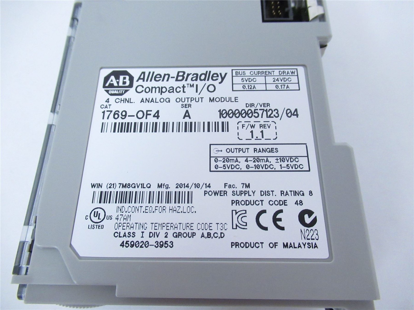 241809 New-No Box; Allen-Bradley 1769-OF4 Module CompactLogix;4 Channel 0-20MA