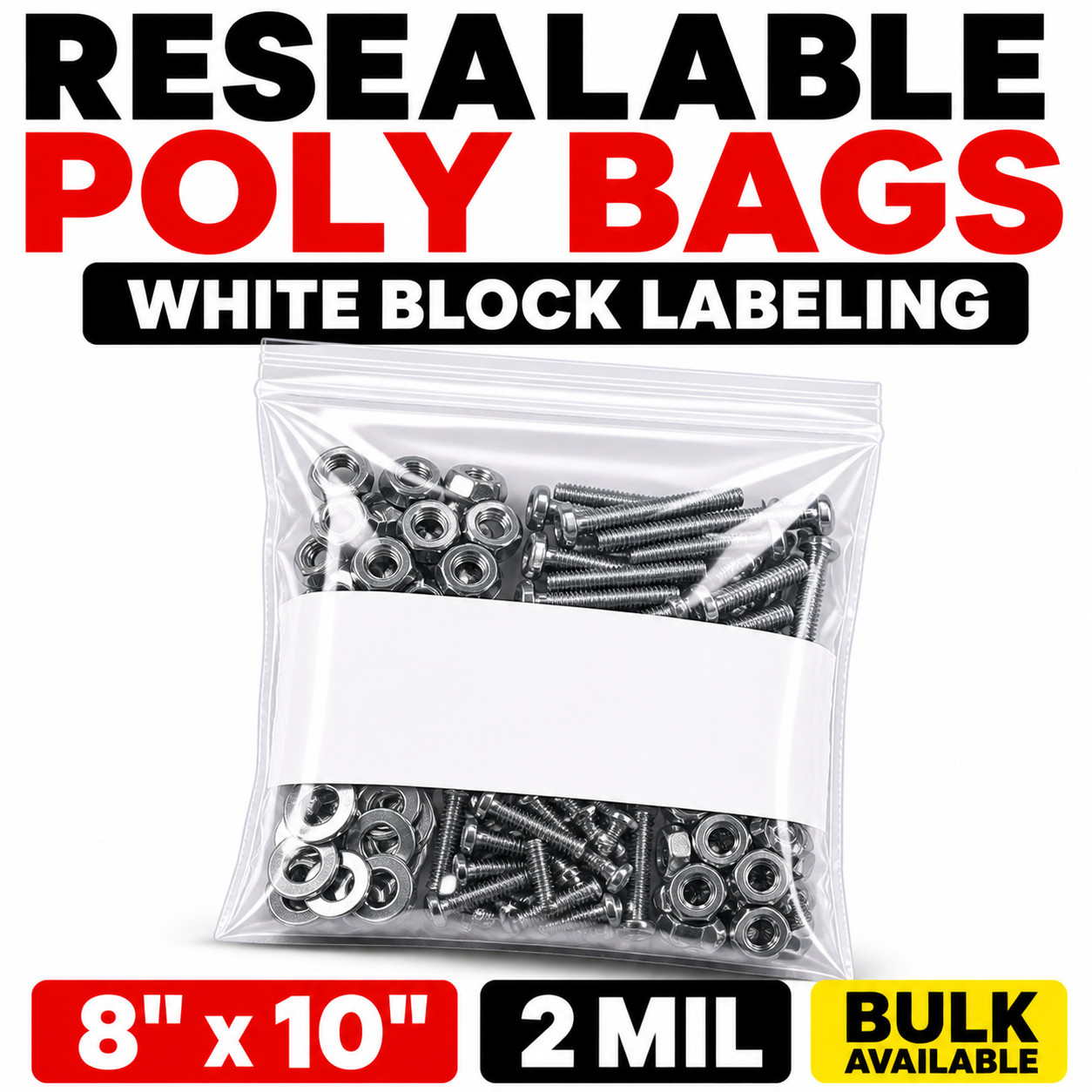 8×10 Zip Lock Poly Bags Clear 2 Mil White Block Label Bags Bulk Available