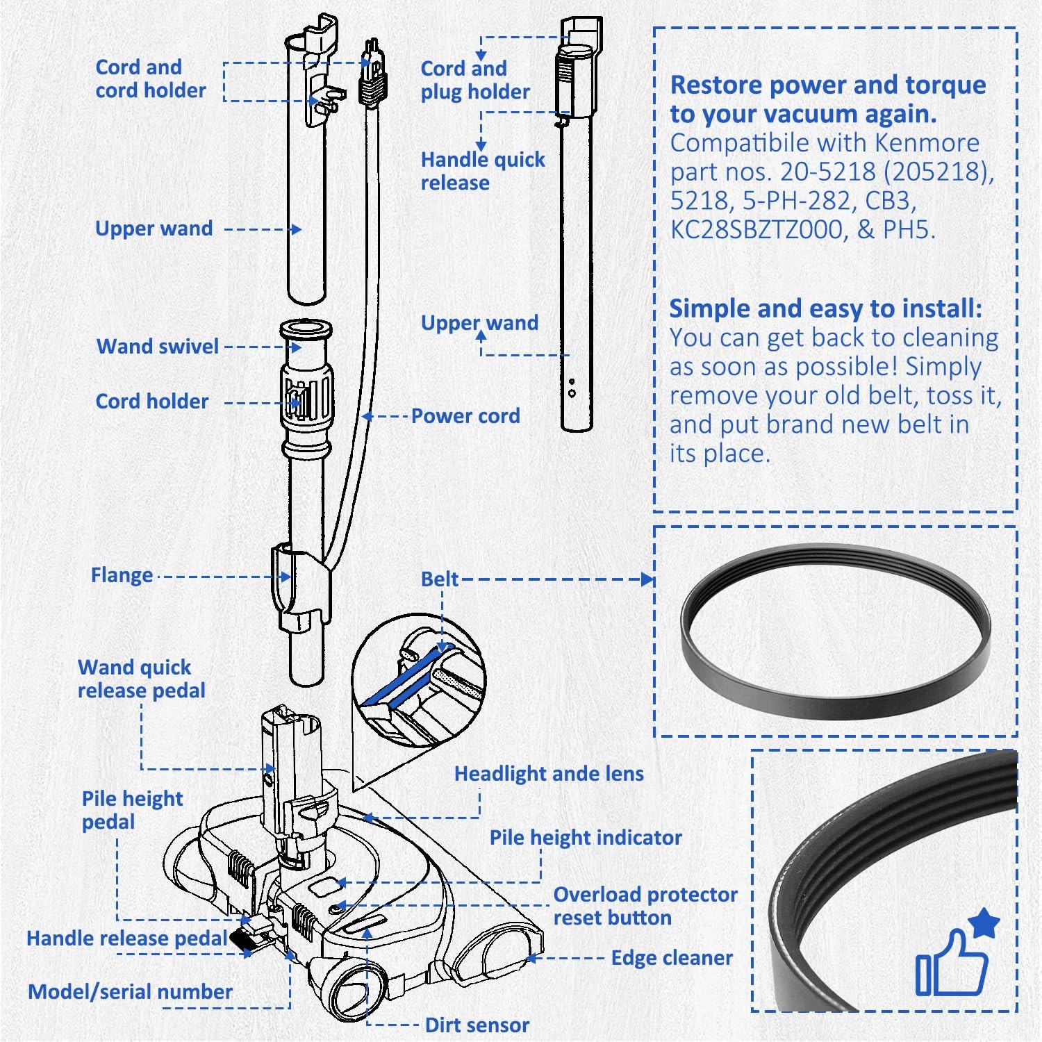Replacement Belts for Kenmore K4010 Bagless Upright Vacuum Cleaner DU2015, DU201