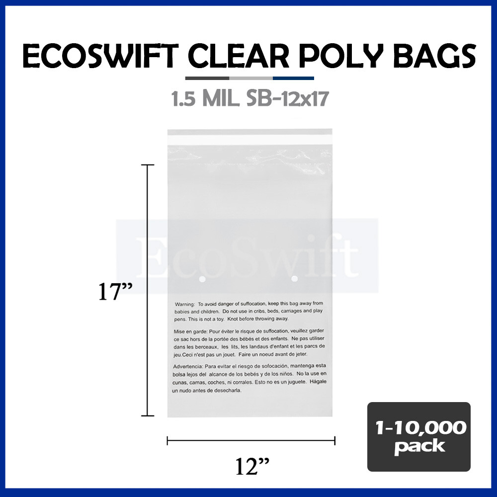 1-10000 12×17 EcoSwift Self Seal Suffocation Warning Clear Poly Bags Free Ship