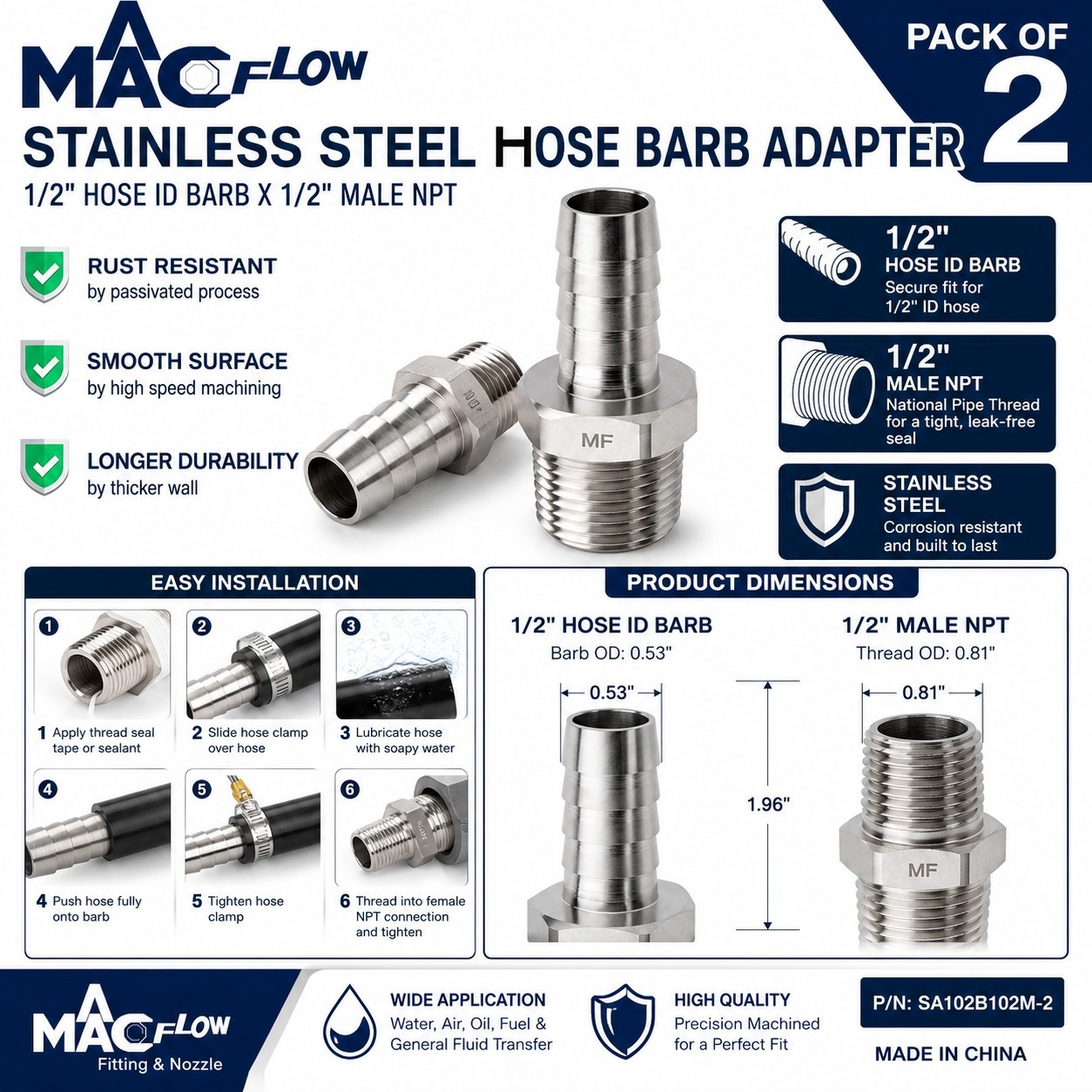 MAACFLOW 1/2″ Hose Barb x 1/2″ Male NPT Stainless Steel Adapter Fitting 2 Pack