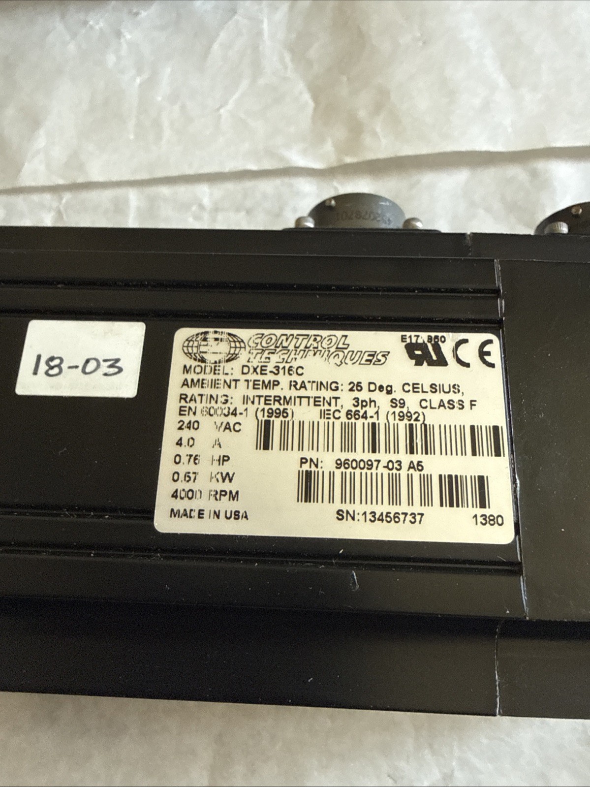 CONTROL TECHNIQUES DXE-316C SERVO MOTOR,DXE316C,240VAC 4A,0.76HP,(EXCELLENT),Ei