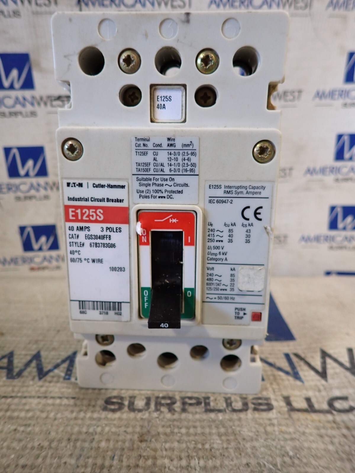 Cutler Hammer EGS3040FFB 40 Amp 35kA@480v Bolt-On Circuit Breaker – TESTED