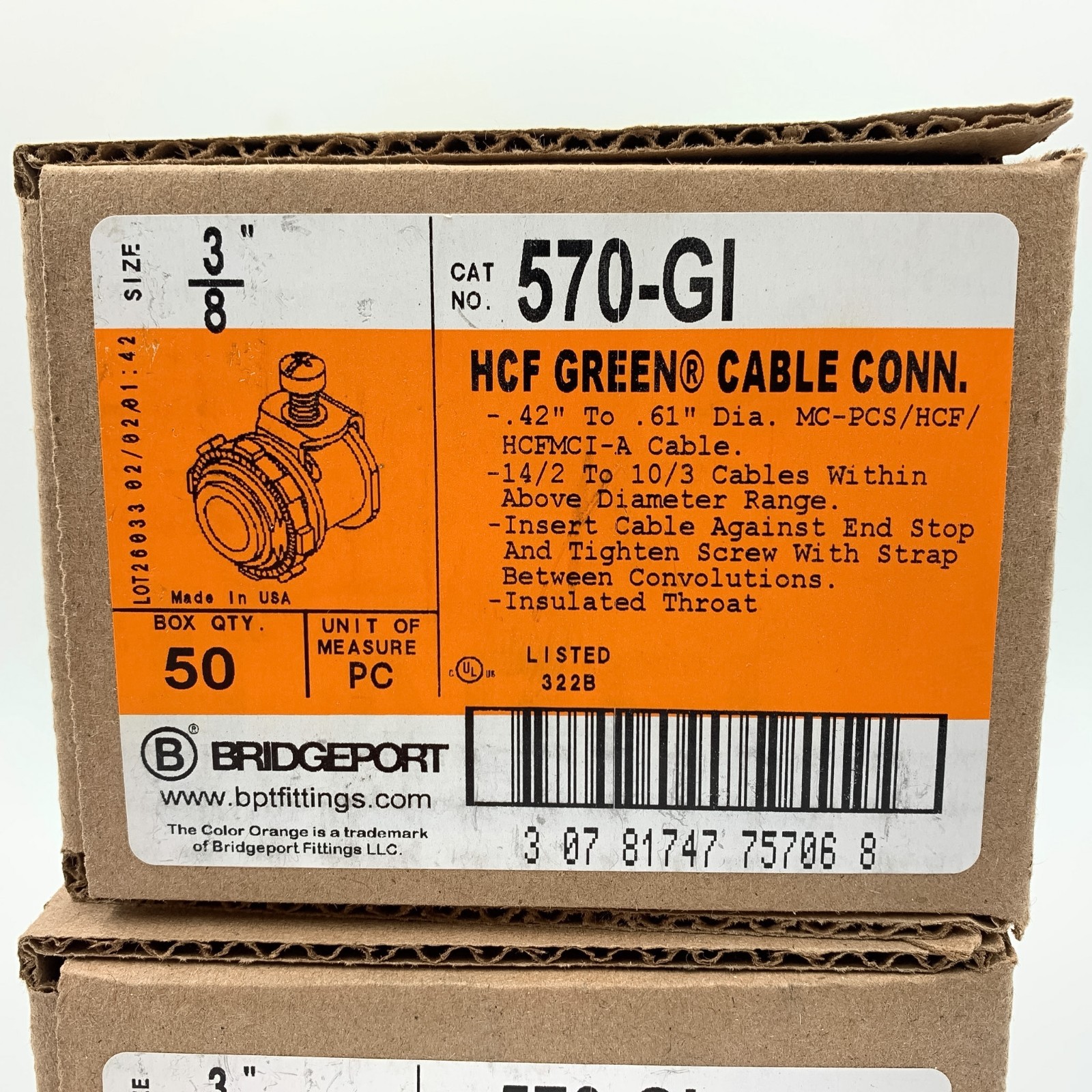 100 Pack Bridgeport 570-GI Cable Connector HCF Green 14/2 To 10/3