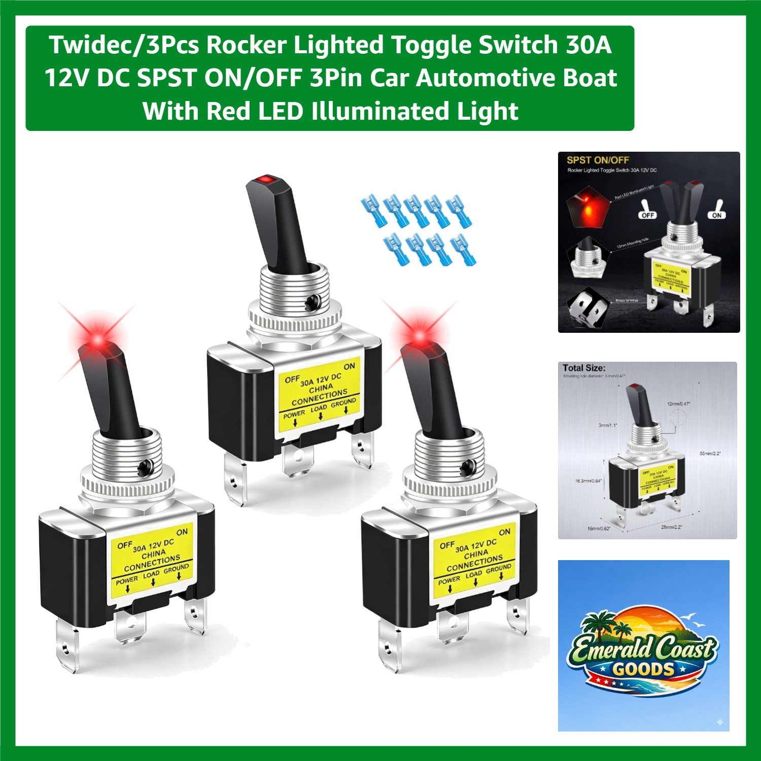 3Pcs Rocker Lighted Toggle Switch 30A 12V DC SPST ON/OFF 3Pin Car Automotive …
