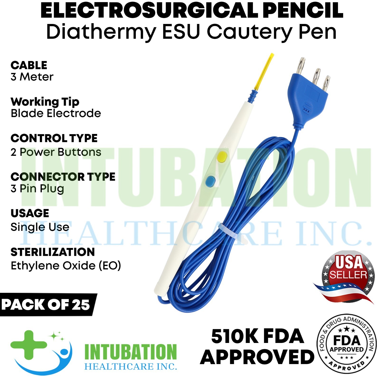 Electrosurgical Pencil with Blade Electrode Diathermy ESU Cautery Pen 25 Pcs Box