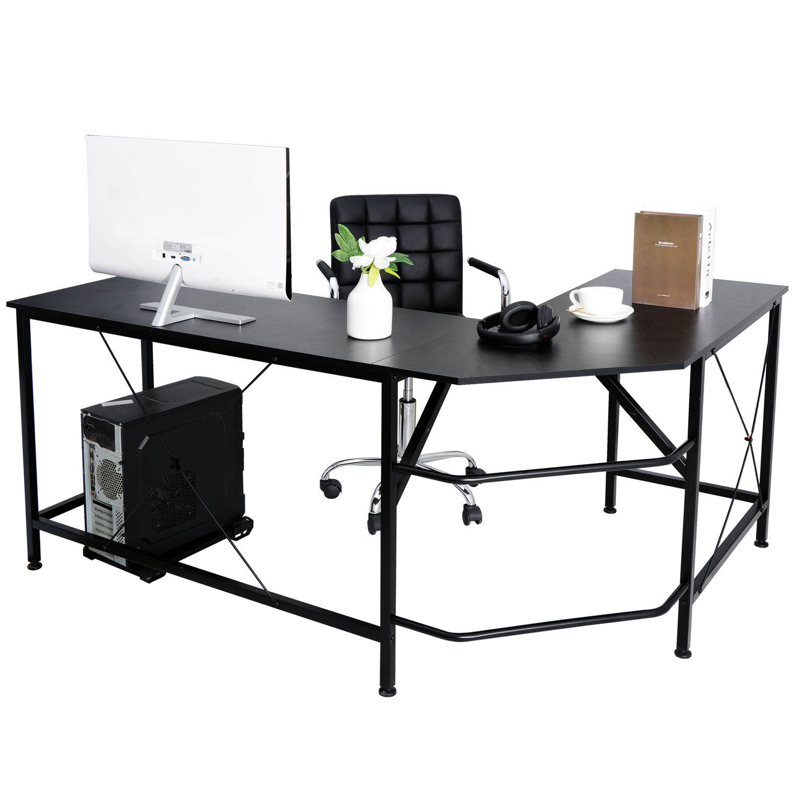 L-Shaped Corner Computer Desk Gaming Desk PC Laptop Table Workstation Black 66″