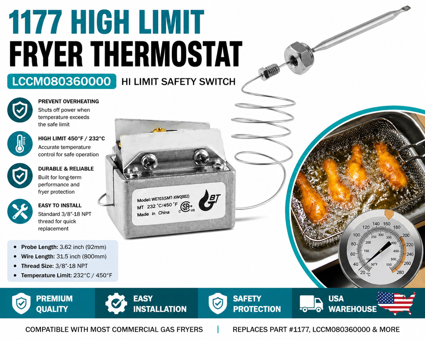 1177 High Limit Fryer Thermostat LCCM080360000 for Gas Fryer IF IF-BL 450F