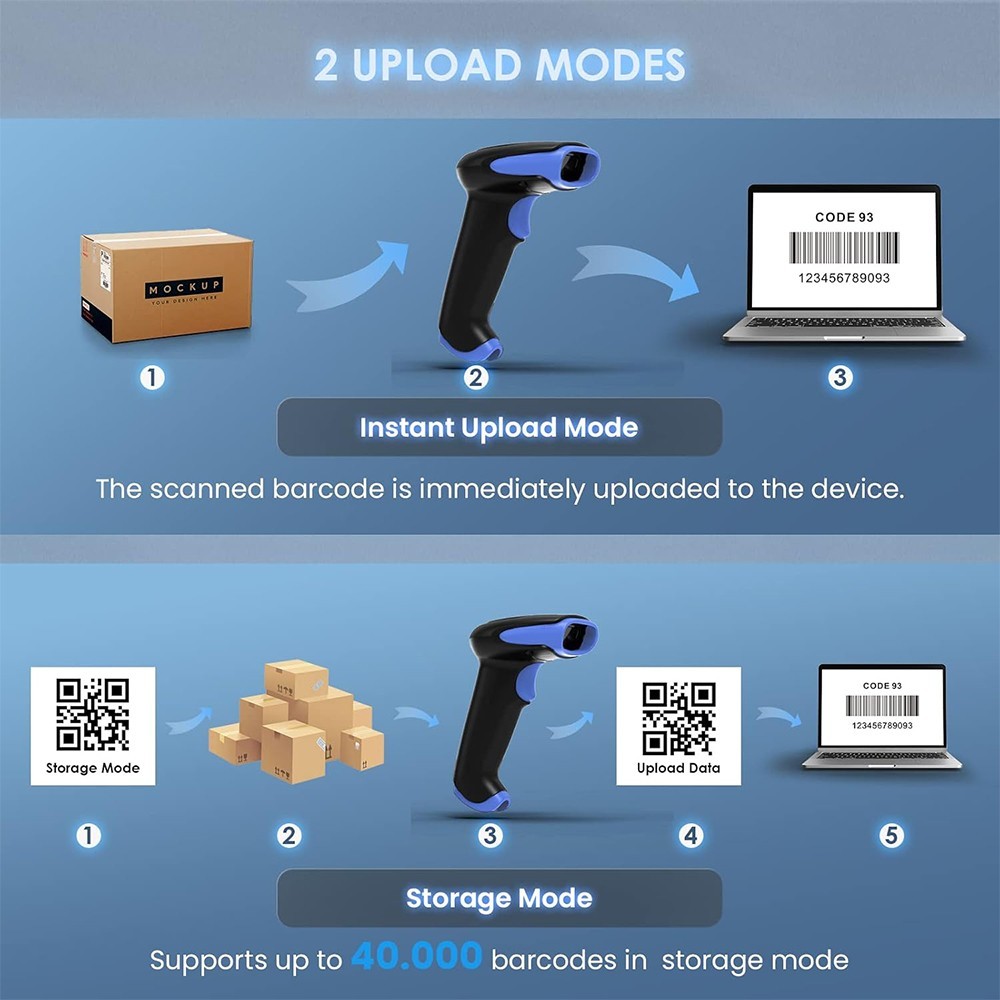 2D Bluetooth Wireless Barcode Scanner Handheld Cordless USB QR Code Reader Blue