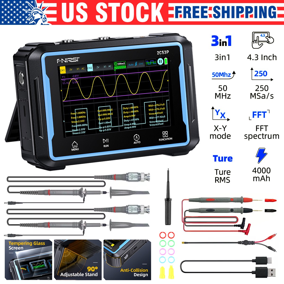 3-in-1 FNIRSI-2C53P LCD 2 Channel Signal Generator Digital Storage Oscilloscope