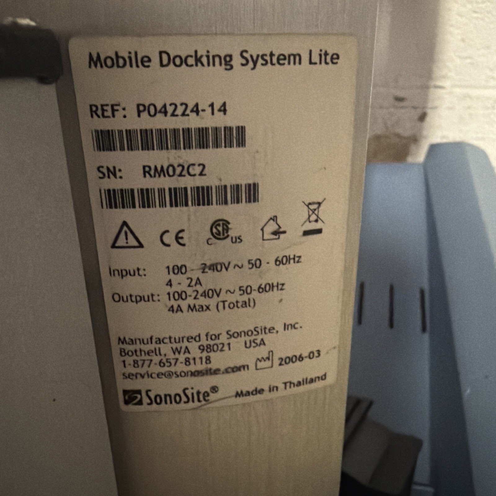 SonoSite Mobile Docking System Lite Cart REF P04224-14 No Dock Parts