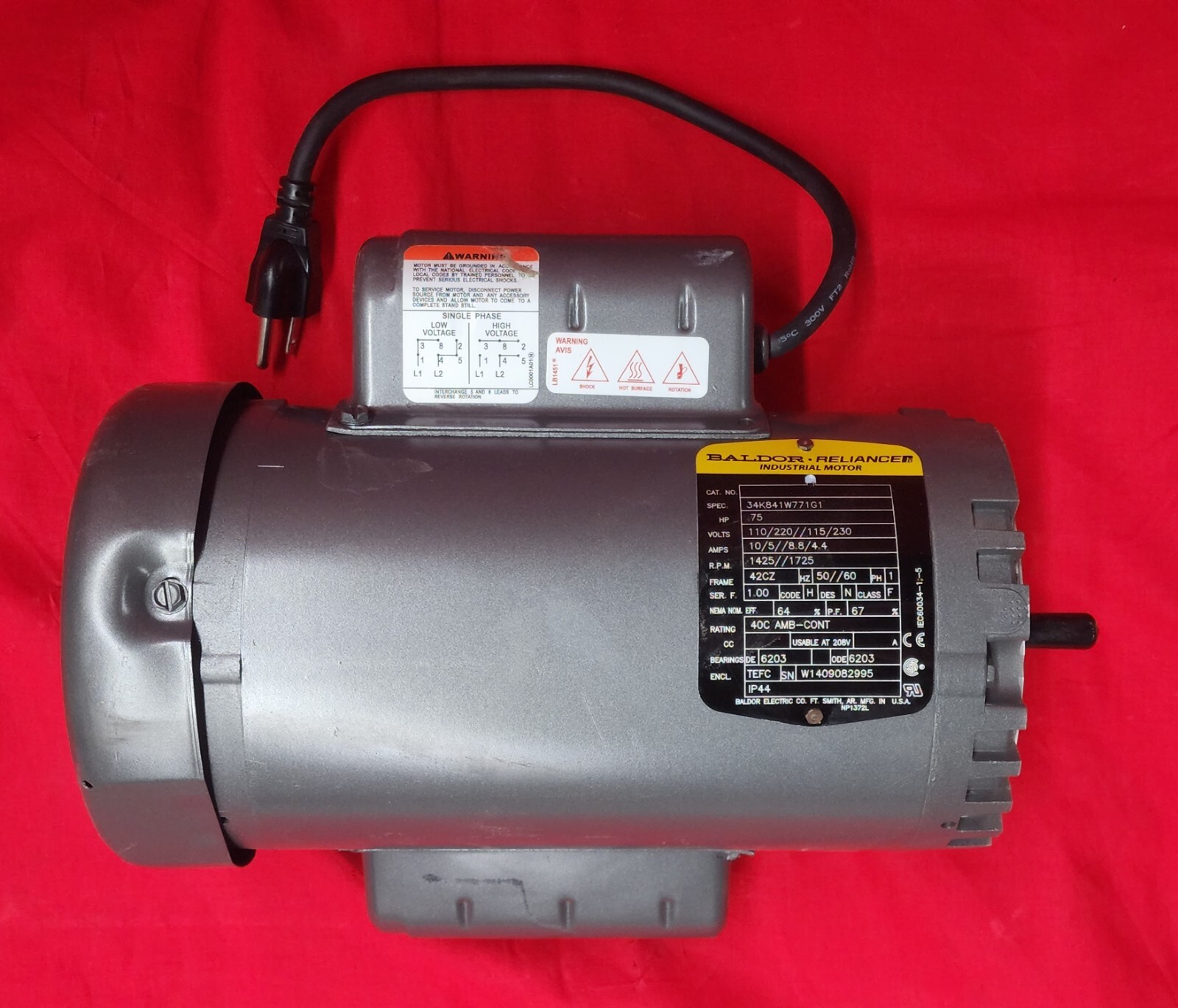 BALDOR INDUSTRIAL MOTOR 34K841W771G1 .75HP 1425 1725RPM 1PH 50/60HZ FRAME 42CZ