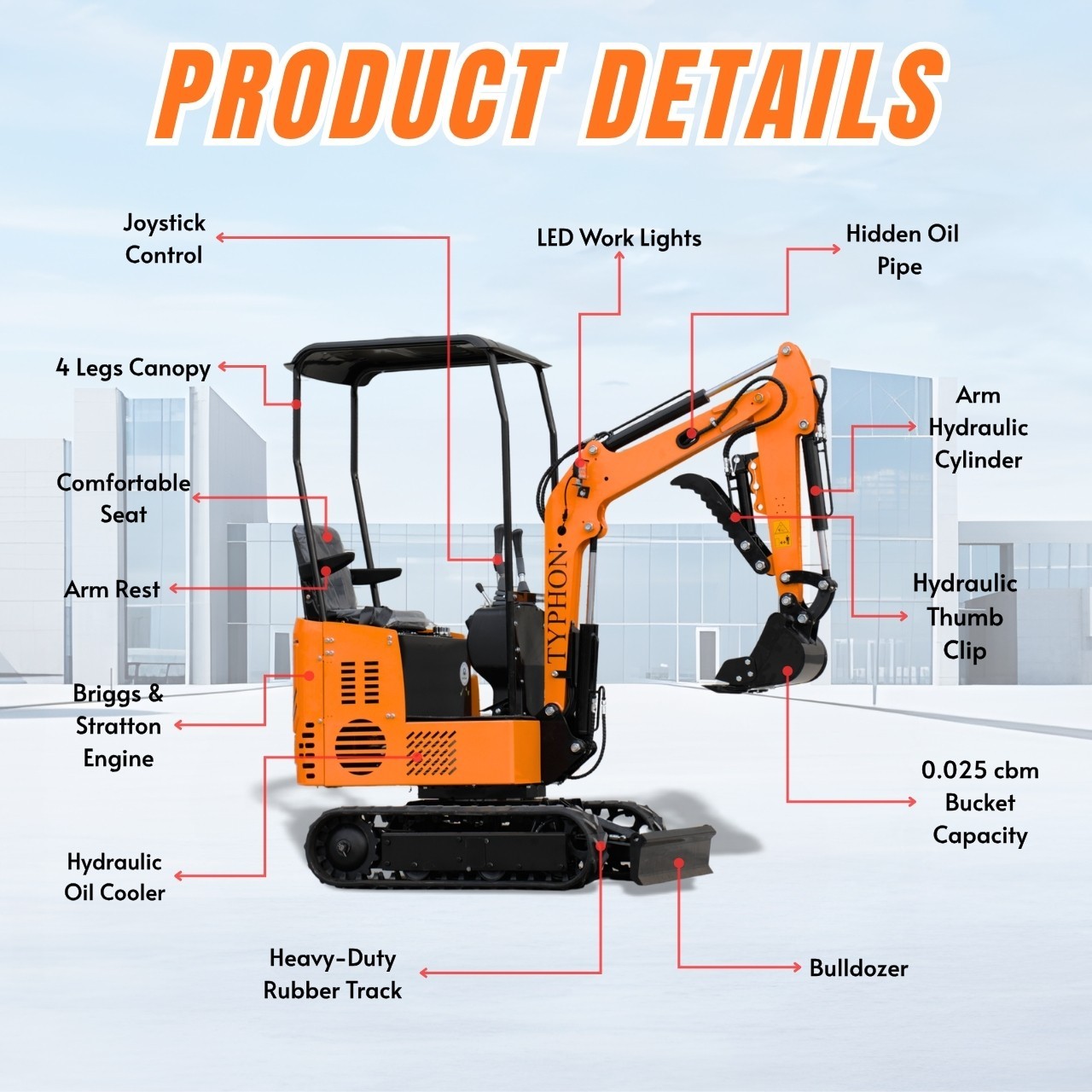 Free Ship TYPHON TYRANT X 1Ton Mini Excavator USA 13.5HP include 12 Attachments