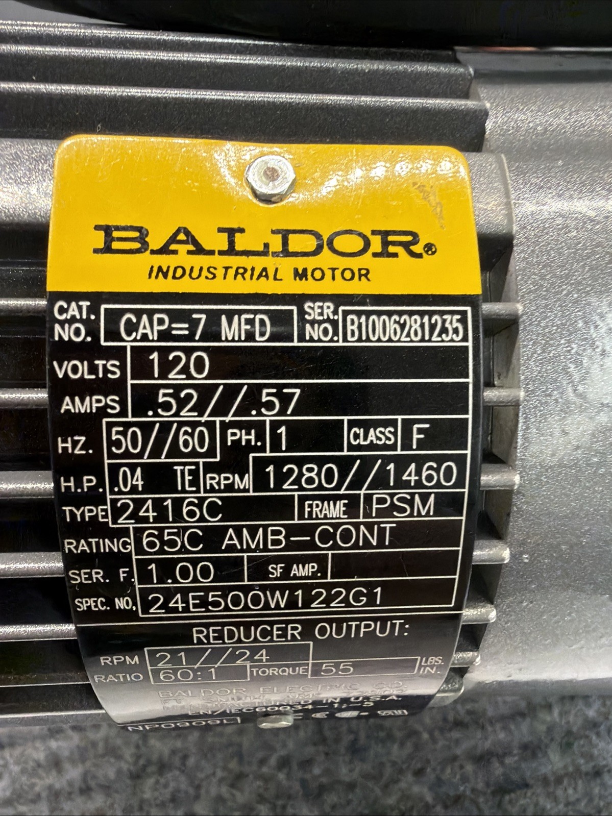 Baldor 2416c 21-24 RPM 110/120v .04hp Gear Motor cap=7mfd 60:1 TE B1006281235