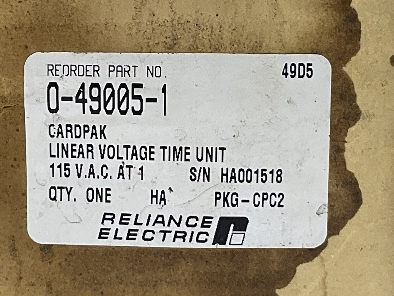 RELIANCE ELECTRIC O-49005-1 CARDPAK LINEAR VOLTAGE TIME UNIT 115VAC 0-49005-1
