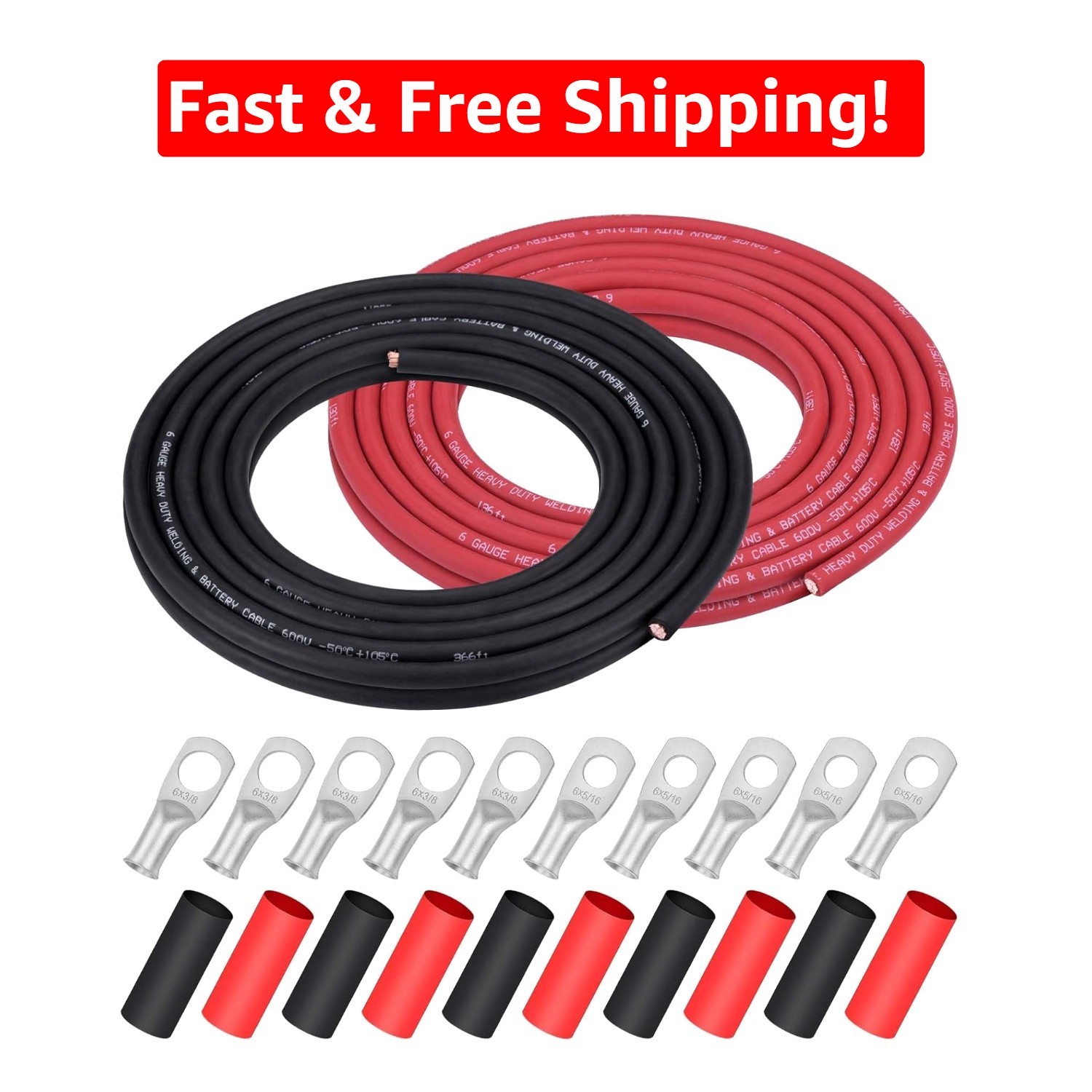 Ultra-Flexible Copper Welding Battery Wire 6 AWG – 20 ft Black & Red Duo Pack
