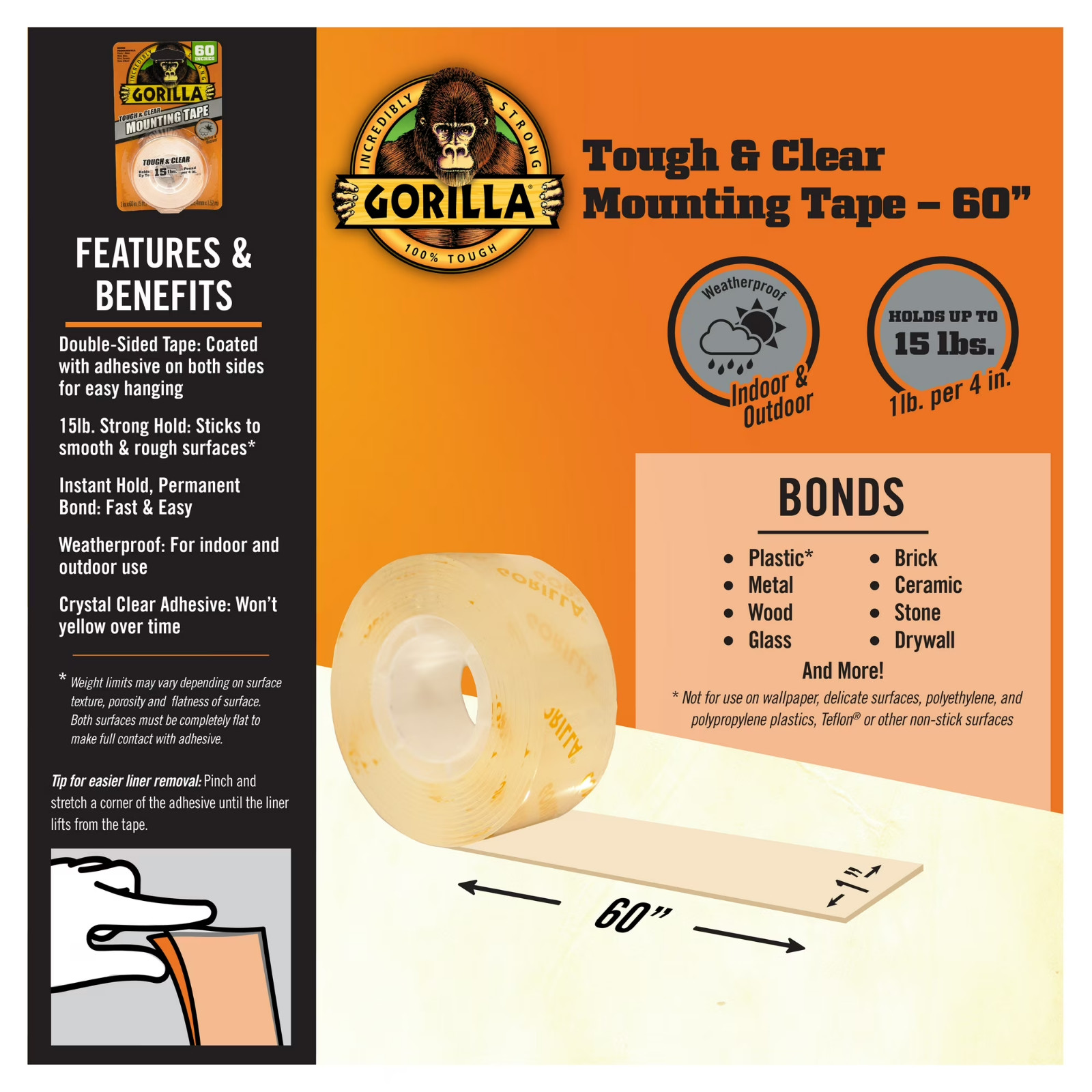 (2 pack) Gorilla Tough & Clear Double-Sided Mounting Tape, 60″ Roll
