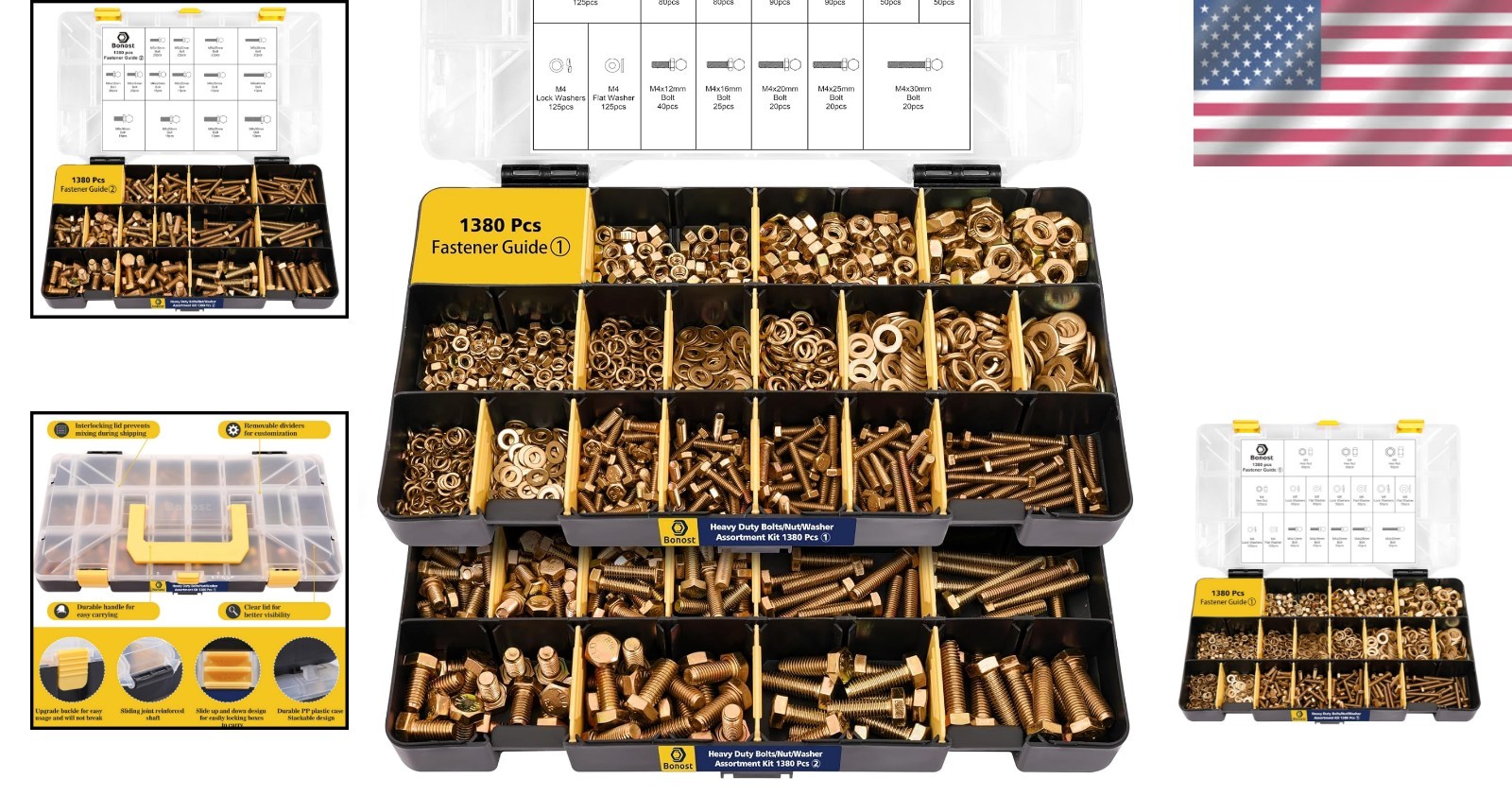 Stackable 1380pcs Nuts and Bolts Kit – Essential Heavy Duty Fastener Assortment