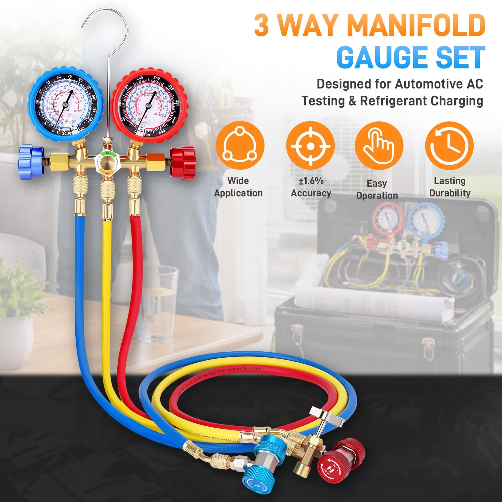 HVAC AC 3‑Way Manifold Gauge Set With 5ft Hoses R134a R12 R22 R502 Tool Kit