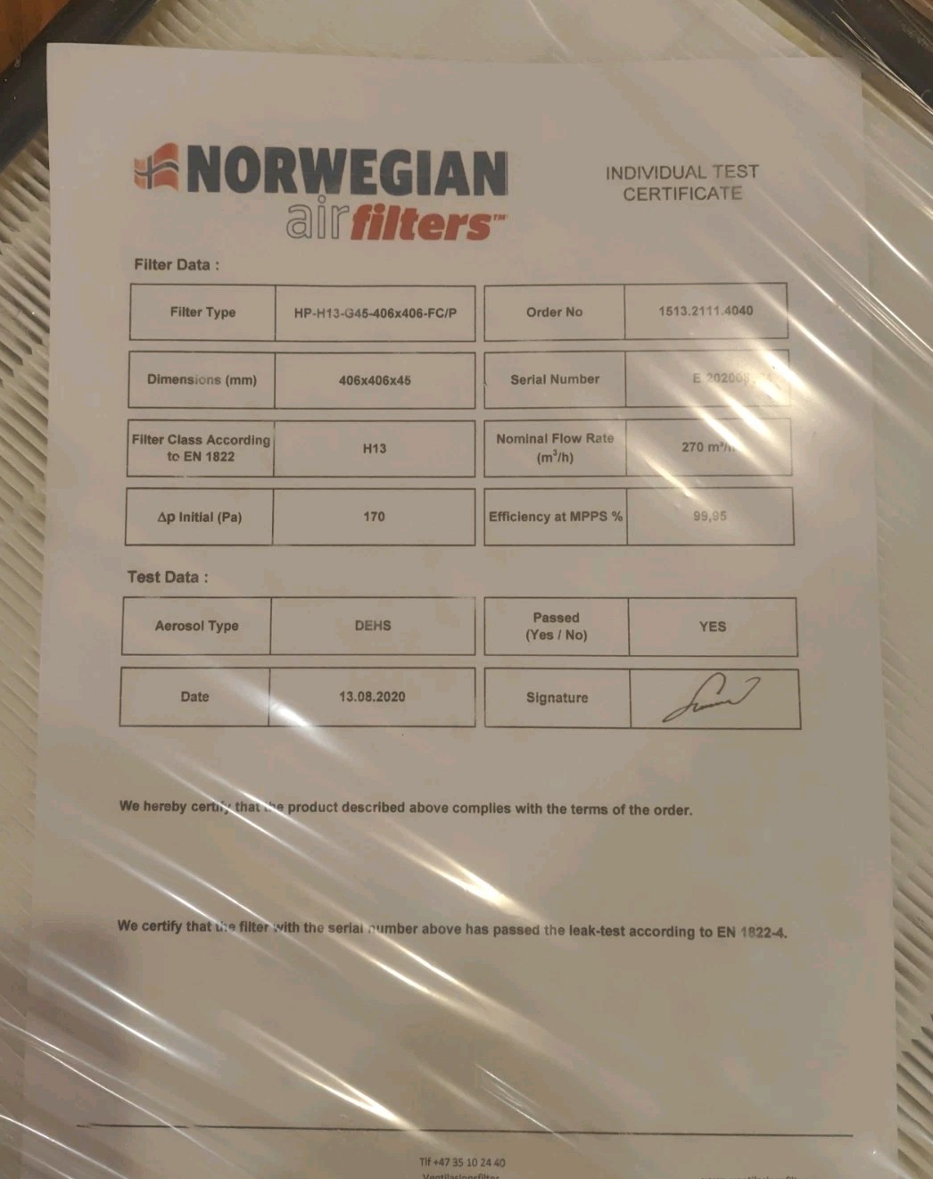 NORWEGIAN AIRFILTERS HEPA Filter, 406mm x 406mm G45 H13 FC/P