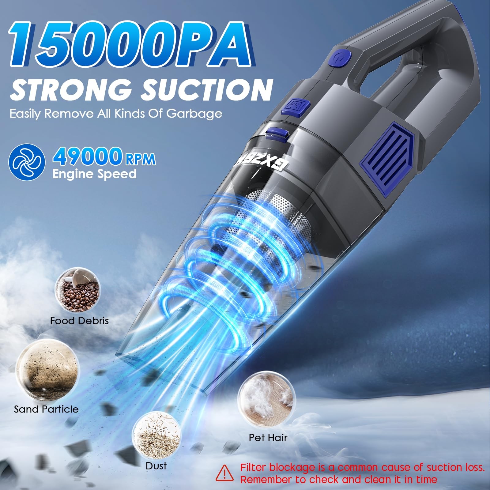 Gxzsk Handheld Vacuum Cordless, 15000PA Strong Suction Hand Gray & Deep Blue
