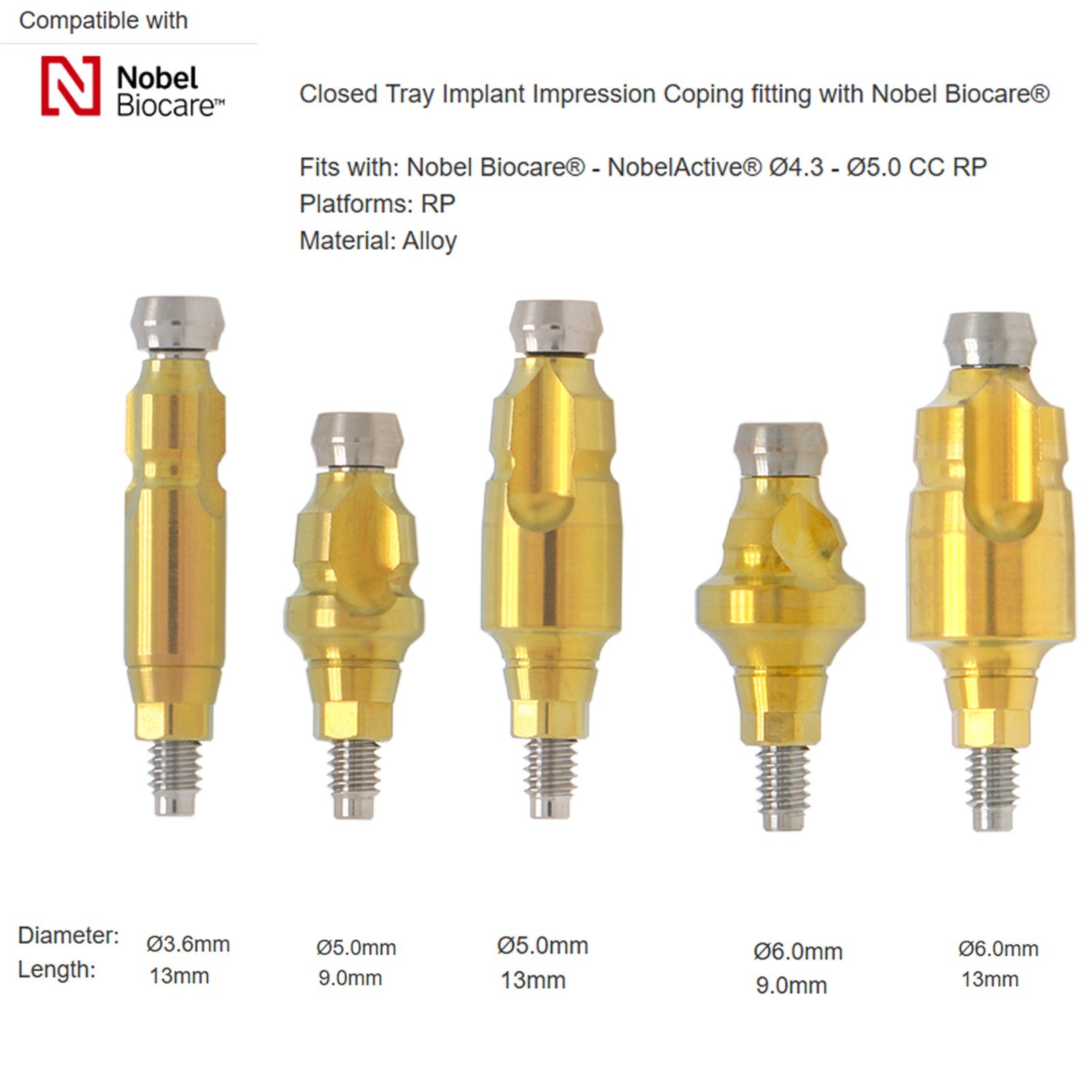 Nobel Biocare CC Hex Locator/Healing Cap Abutment Analog Impression Coping NP/RP