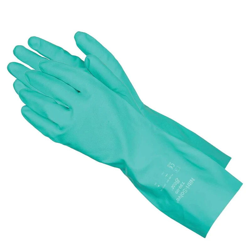 Showa 730 Green Flock Lined Chemical Resistant Cleaning Nitrile Gloves 15 mil