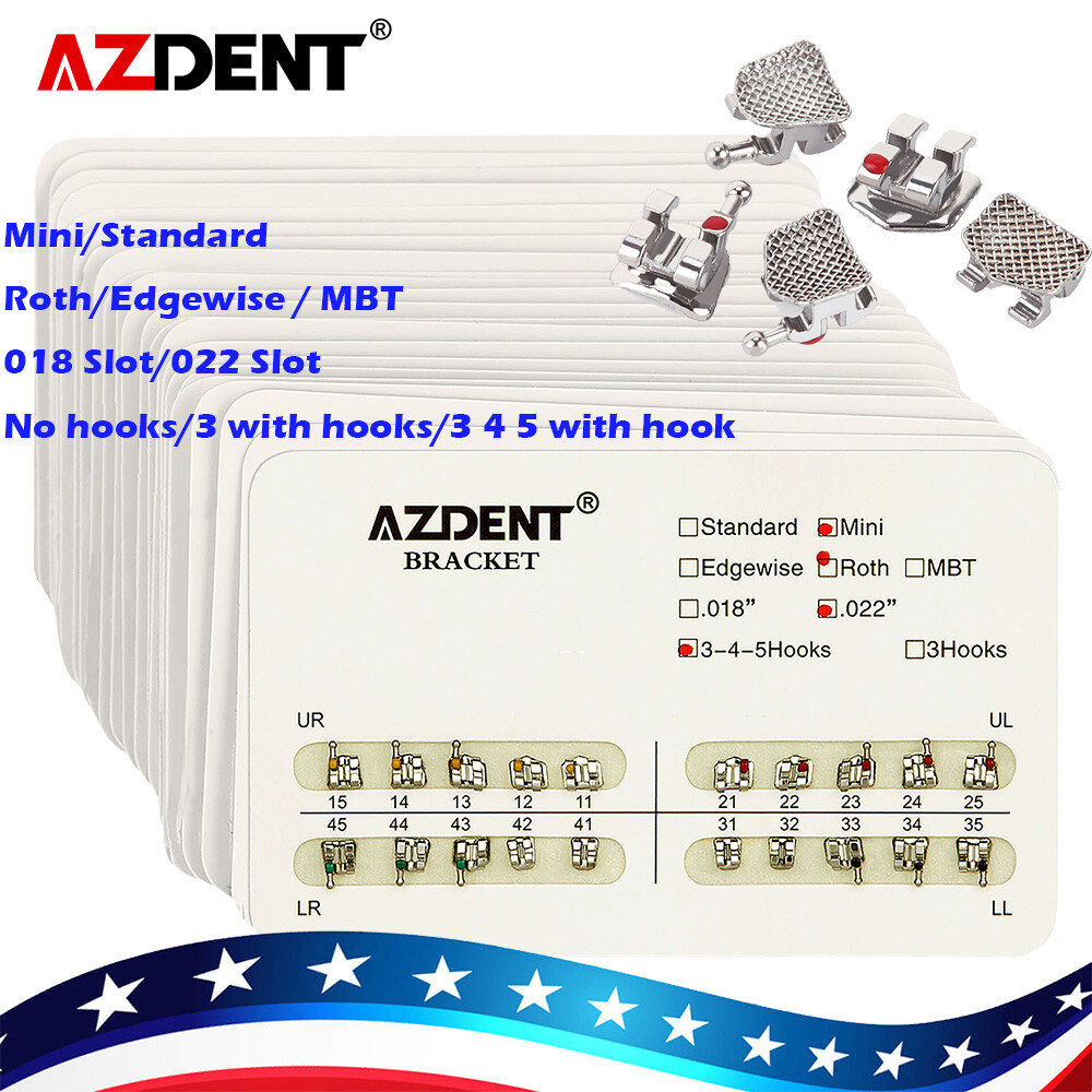 10X AZDENT Dental Ortho Brackets Mini/Standard MBT/Roth .022/.018 Hooks 3/3 4 5