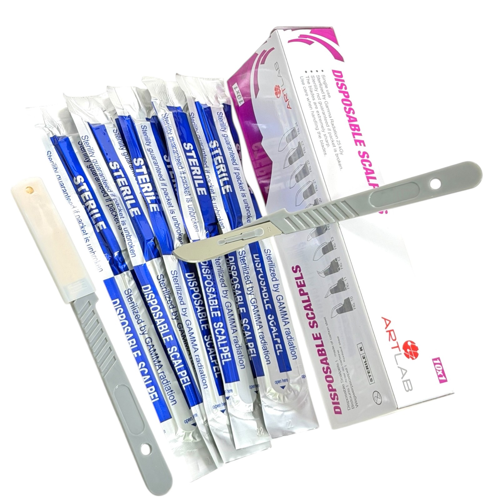 10PC DISPOSABLE SCALPELS #22-SINGLE USE – DISSECTING, SURGICAL, DERMAPLANING