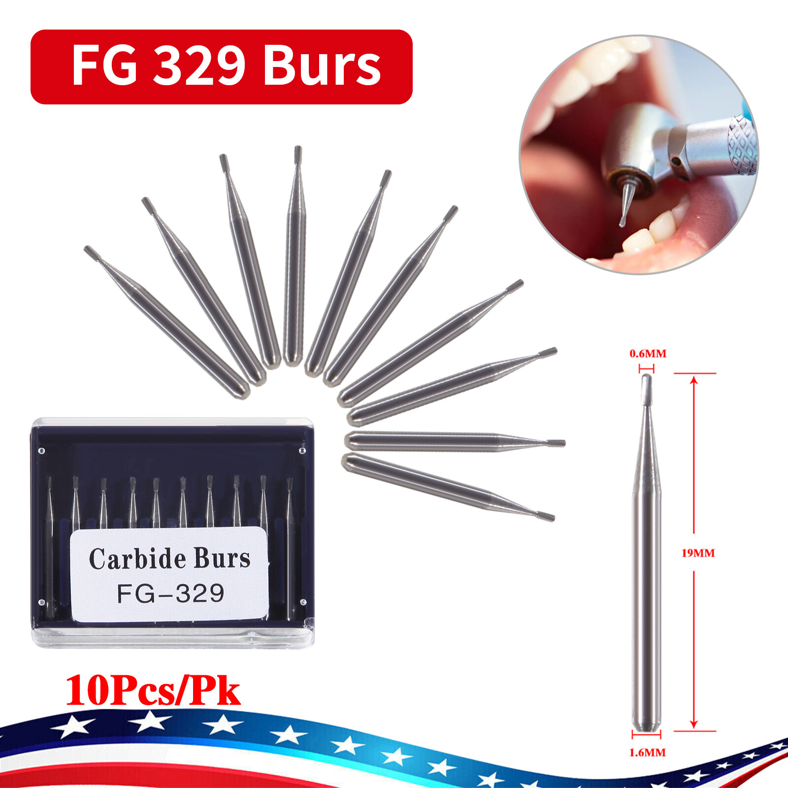 10Pcs Dental Carbide Bur FG 329 Pear for High Speed Handpiece Friction Grip Burs