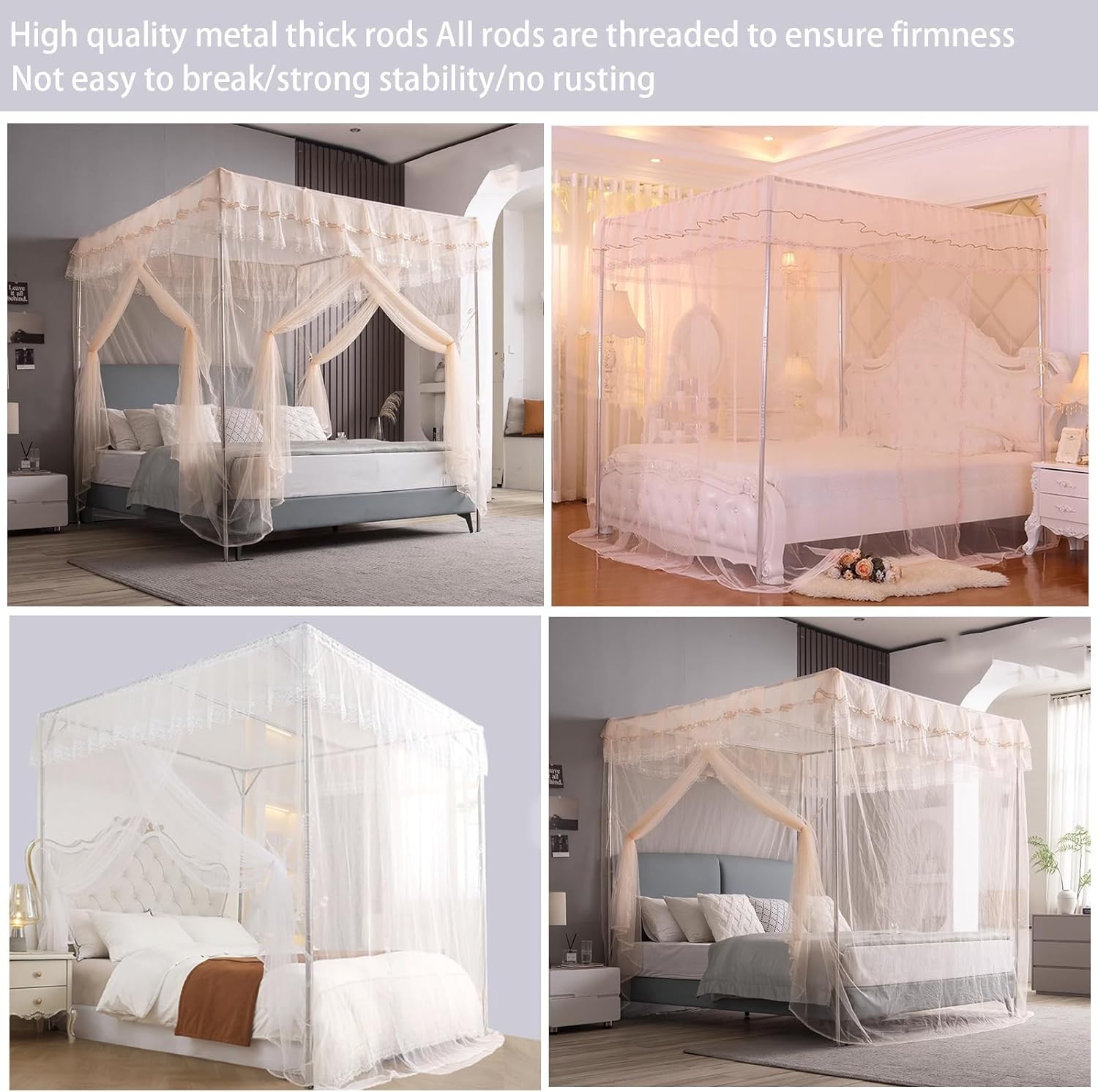 Canopy Bed Frame Full, Stainless Steel Four Corner Bed Canopy Poles Mosquito Net