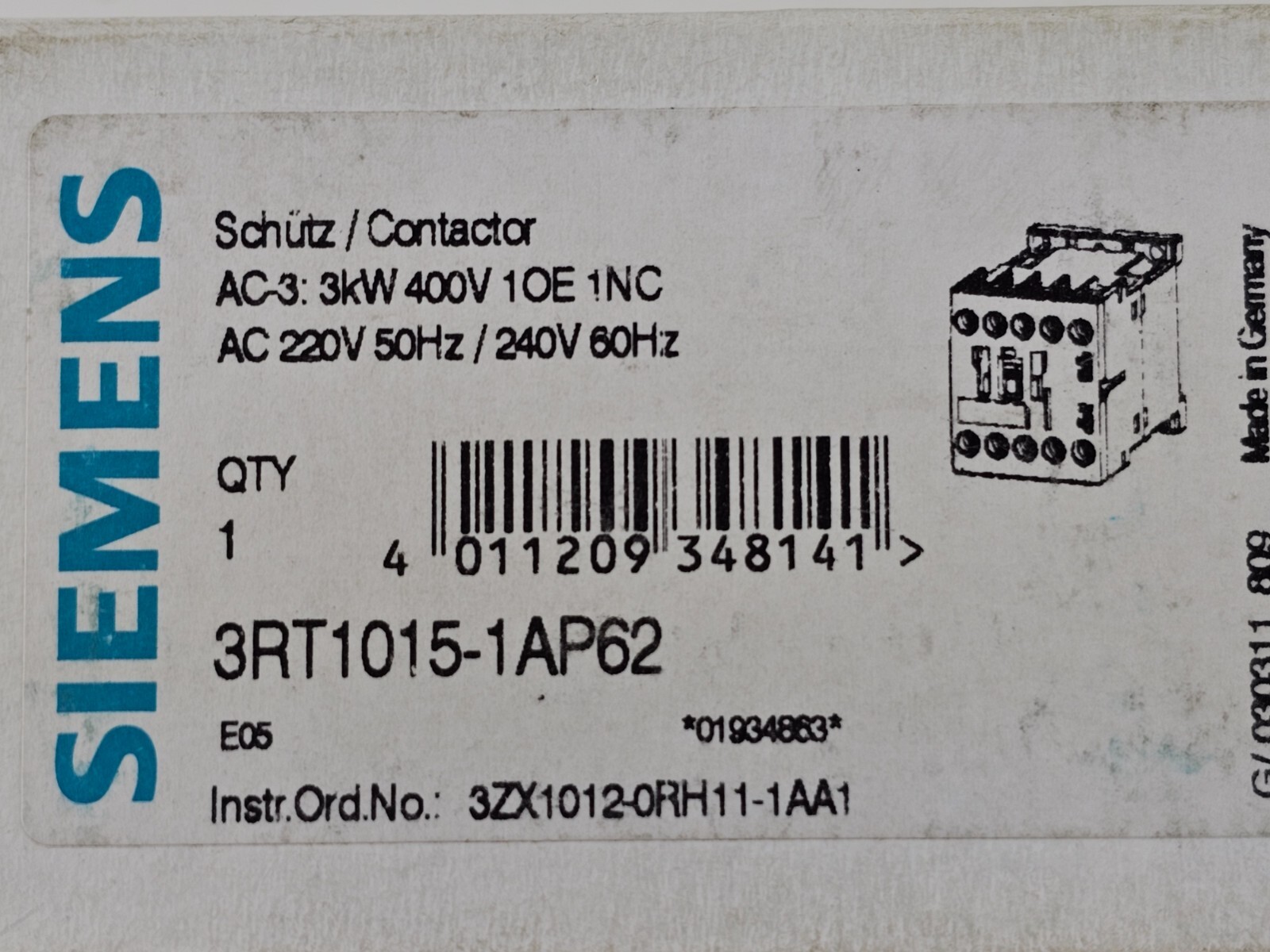 NEW Siemens 3RT1015-1AP62 Power Contactor, 3P, 7A, 3Kw, 3RT10151AP62