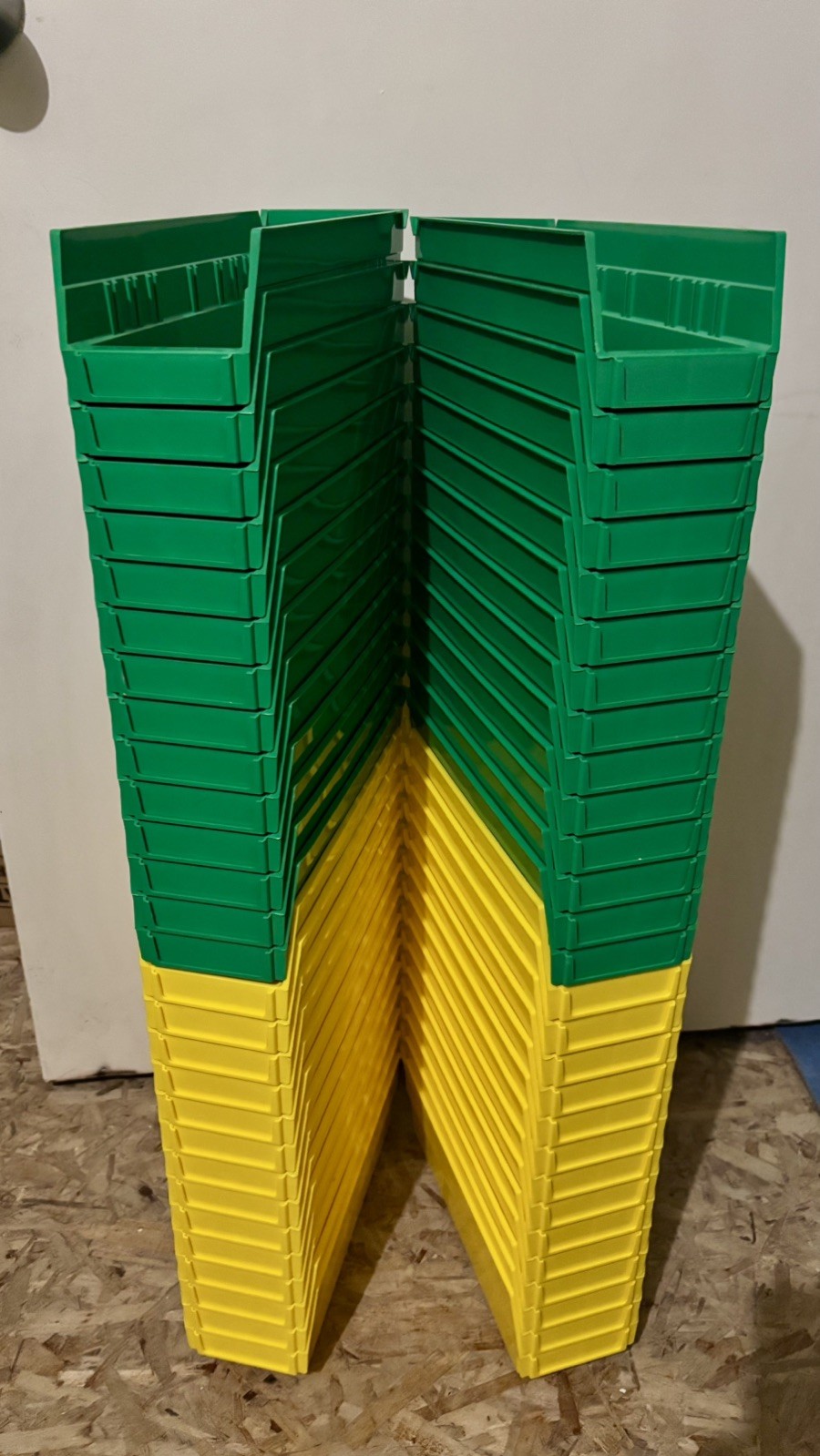 LOT OF (90) ULINE S-13396 Stackable Shelf Bins GREEN & YELLOW 12x4x4