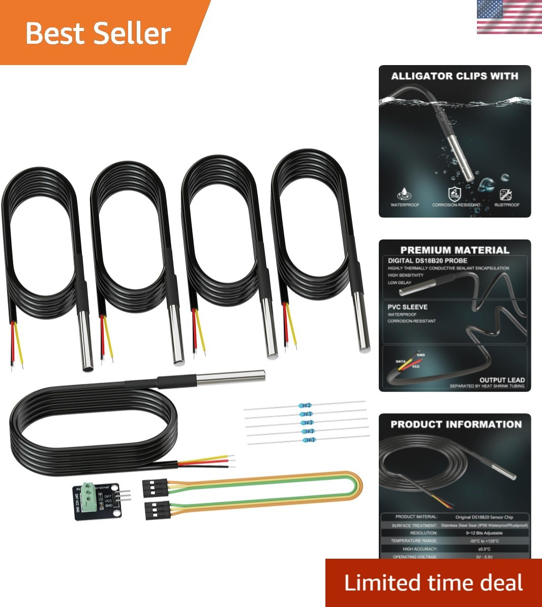 5 Pack Waterproof DS18B20 Temperature Sensor Probes with a Probe Adapter Boar…