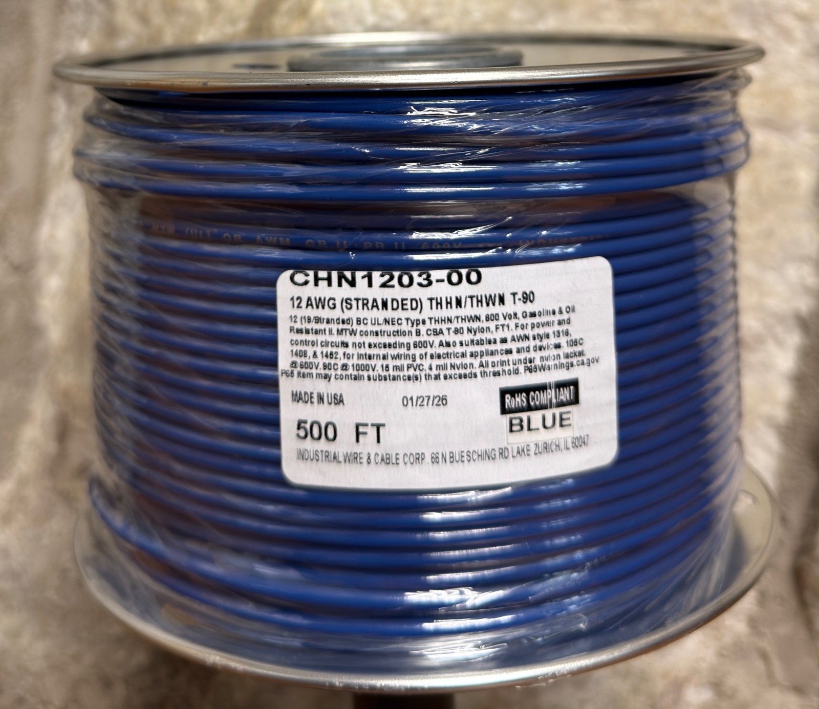 500 FT THHN/THWN WIRE. 12AWG STR BC 600 VOLT. MADE IN USA.WHT,ORG,BLK,orRED