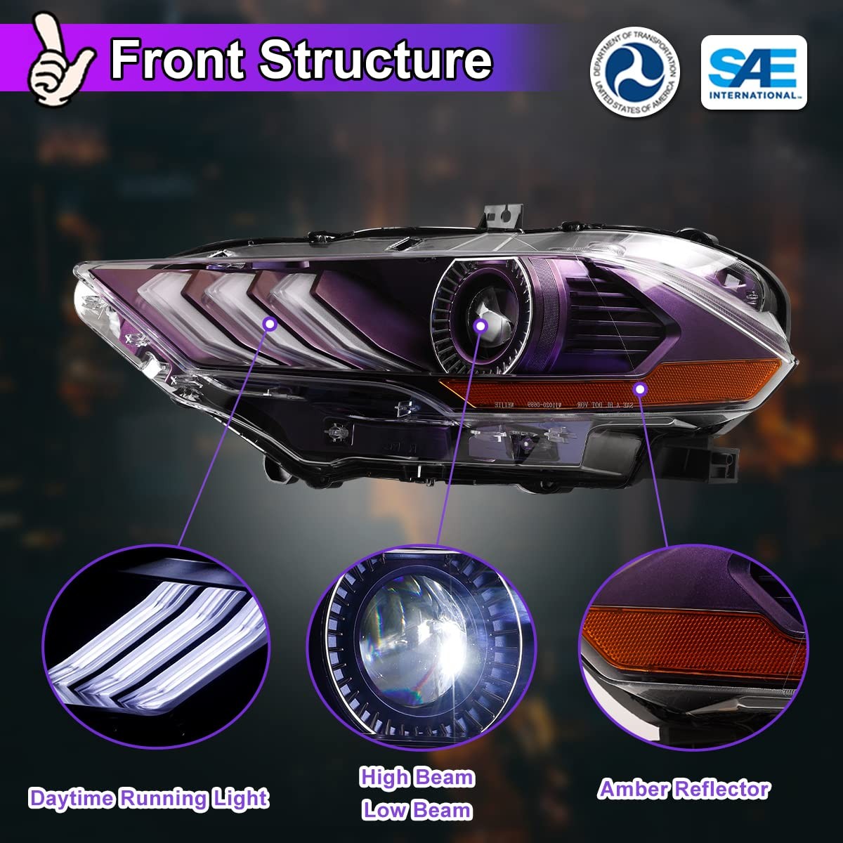 Ford Mustang 2018-2023 LED Projector Headlamps DRL Turn Signal Hi/Lo Blue-Purple