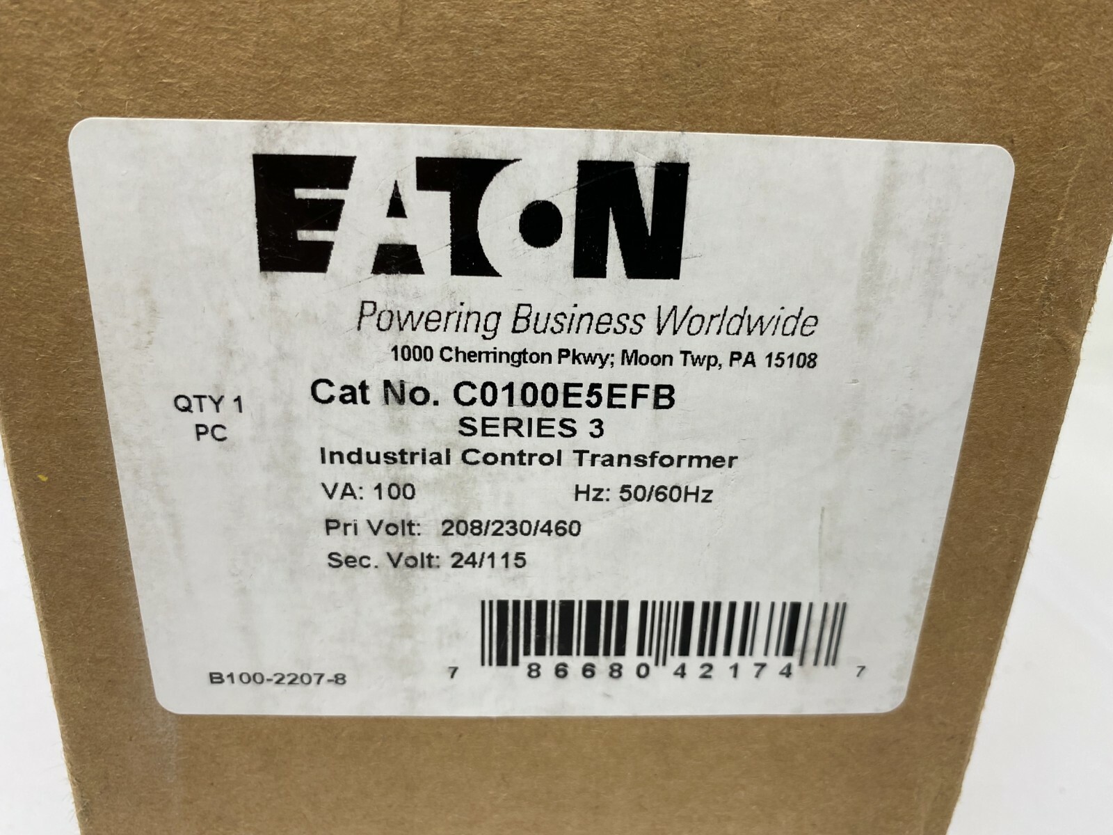 Cutler-Hammer Eaton C0100E5EFB Control Transformer 100VA P-208/230/460V S-24/115