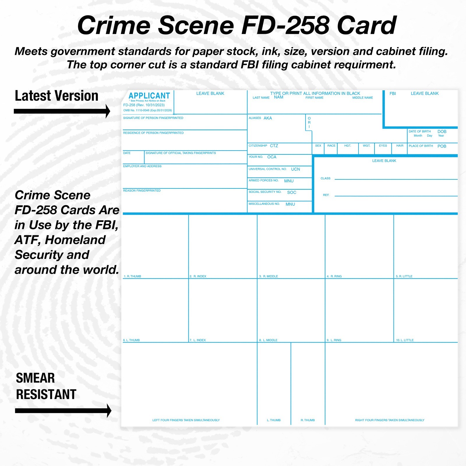 FD-258 Fingerprint Cards, Applicant – 250 Pack NEWEST REVISION 11-1-20