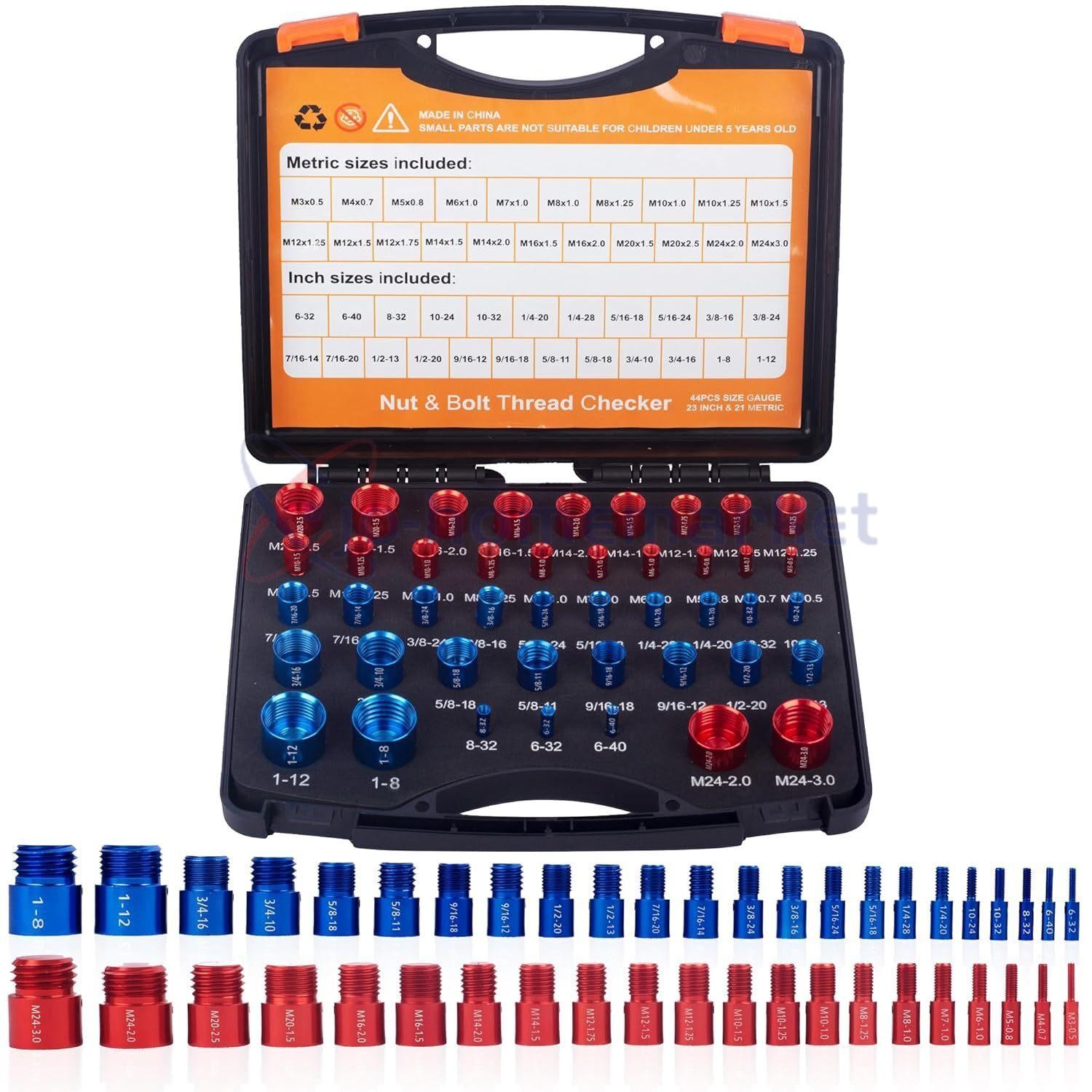 44pcs Inch & Metric Set Nut & Bolt Thread Checker Identifier Thread Gauges Box