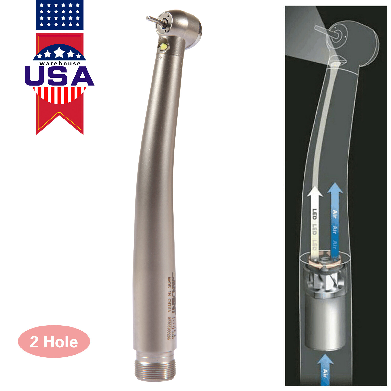 Pieza de mano LED turbina alta velocidad fibra óptica dental estilo NSK 2 Holes