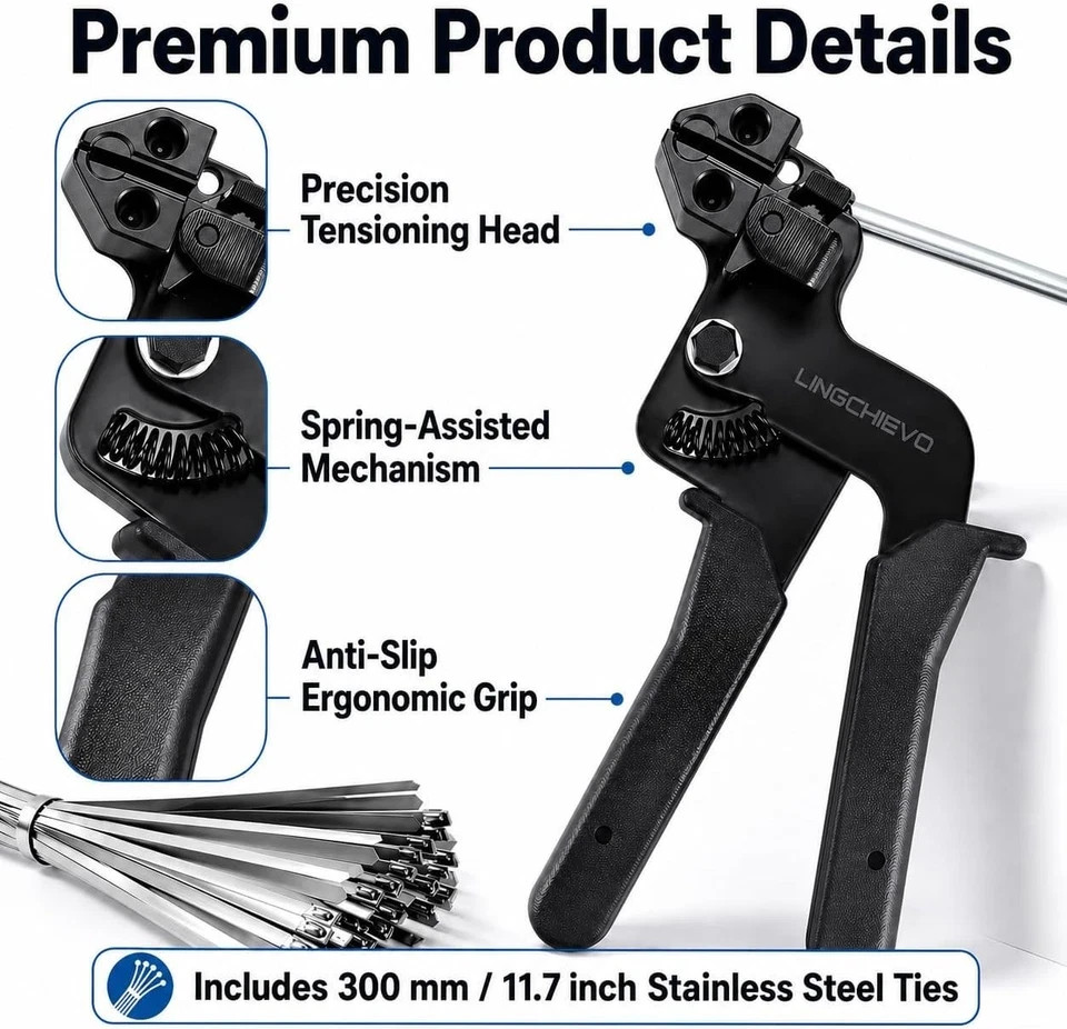 Heavy Duty Metal Zip Tie Gun Tool with 100 PCS 11.7″ Stainless Steel Cable Ties