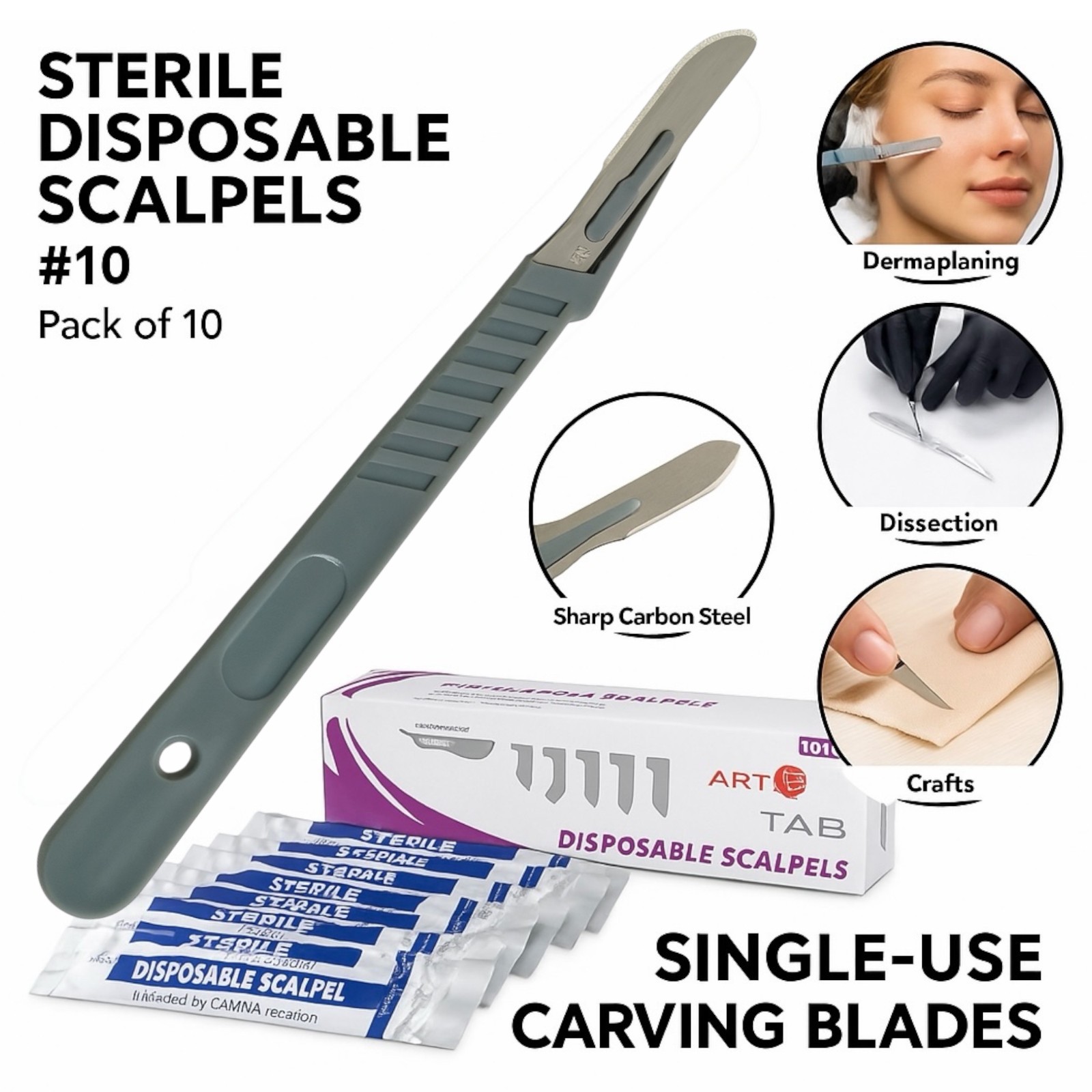 10 PCS STERILE DISPOSABLE SCALPELS #10-SINGLE USE-DENTAL, SURGICAL, DERMAPLANING