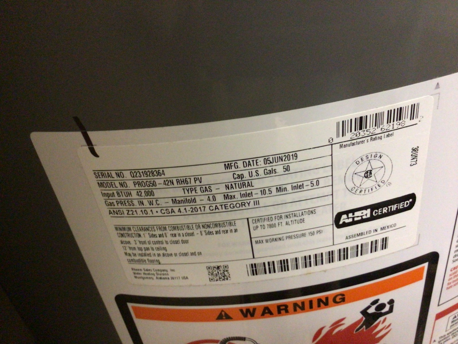 Rheem Powervent Natural Gas Water Heater Model PROG50-42N RH67 PV 50 Gallons NEW