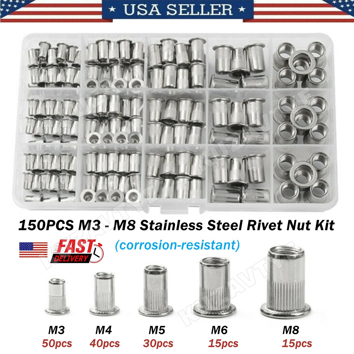 150~615X Stainless Steel Rivet Nut Kit Metric Rivnuts Nutsert Assorted M3-M8 Set