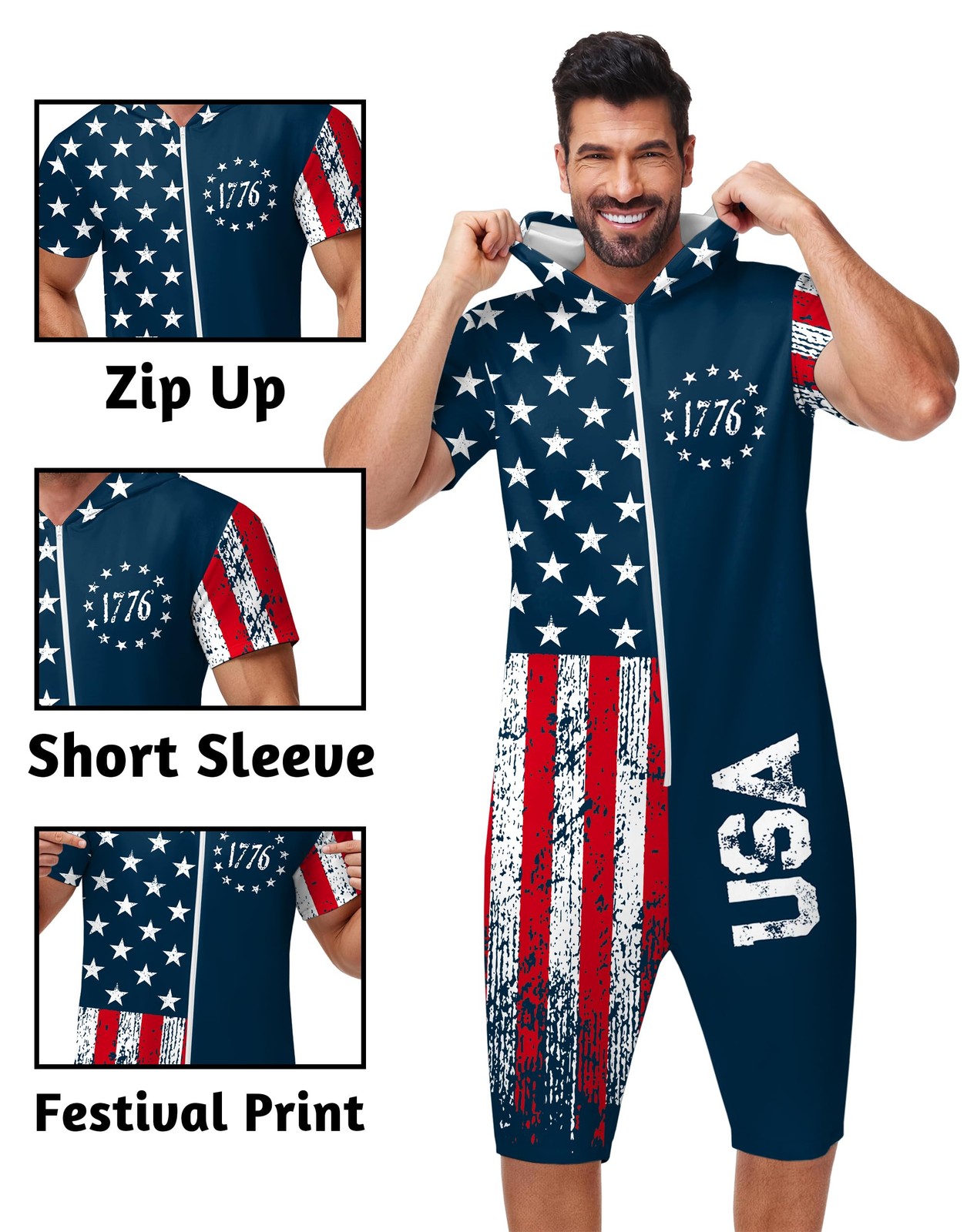 Arankhiger Mens 4Th Of July Jumpsuit Patriotic Stars Stripes Zip Rompers Usa