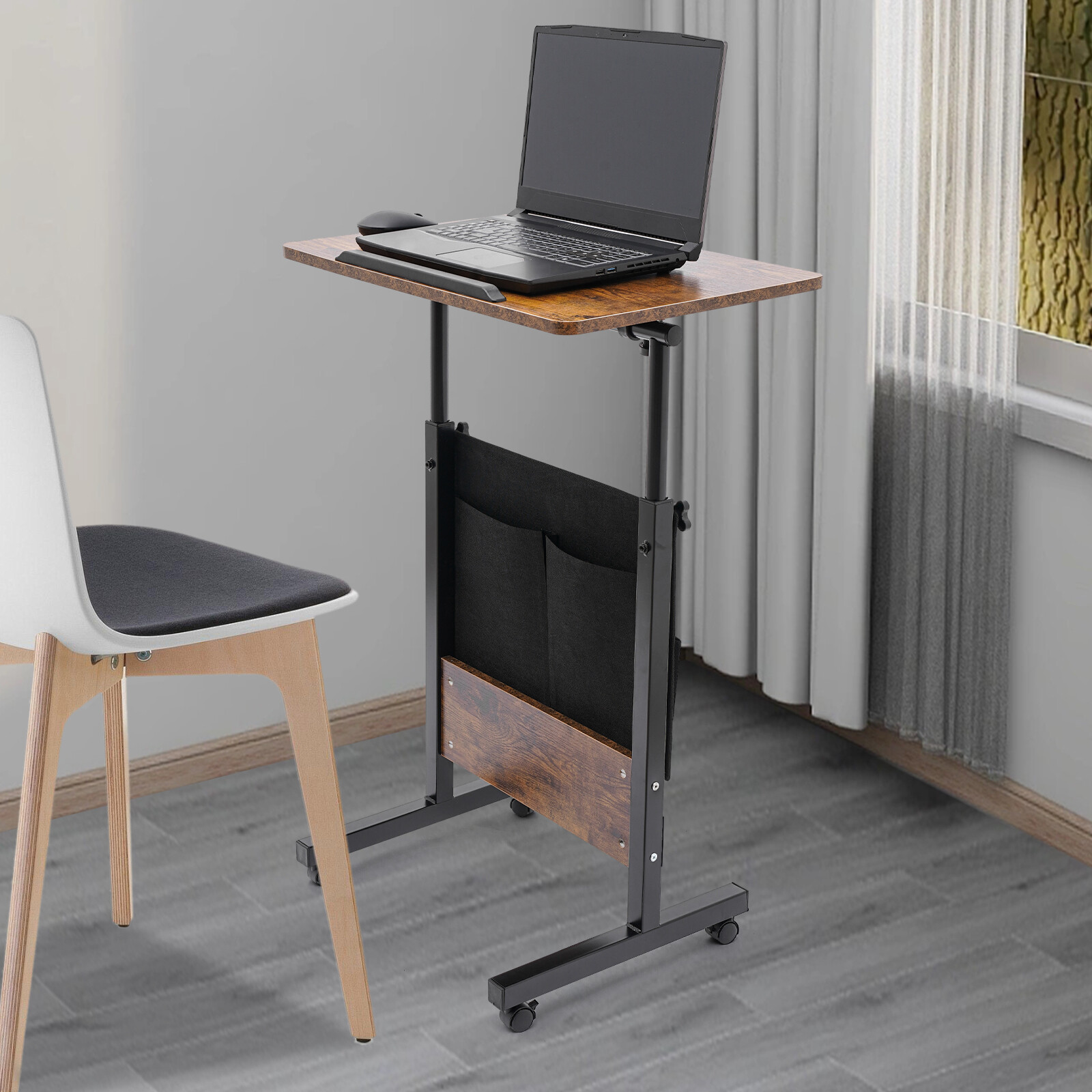 Rolling Laptop Desk Adjustable Height Computer Table Stand up Office w/ Storage