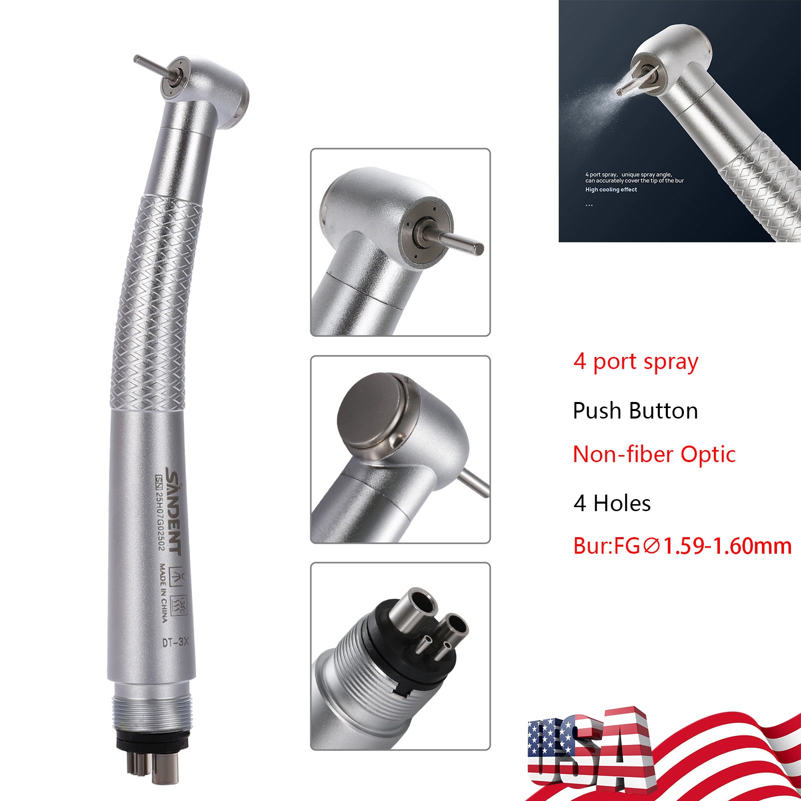 SANDENT Dental High Speed Handpiece Push Button 4 port spray 4 Hole Fit NSK