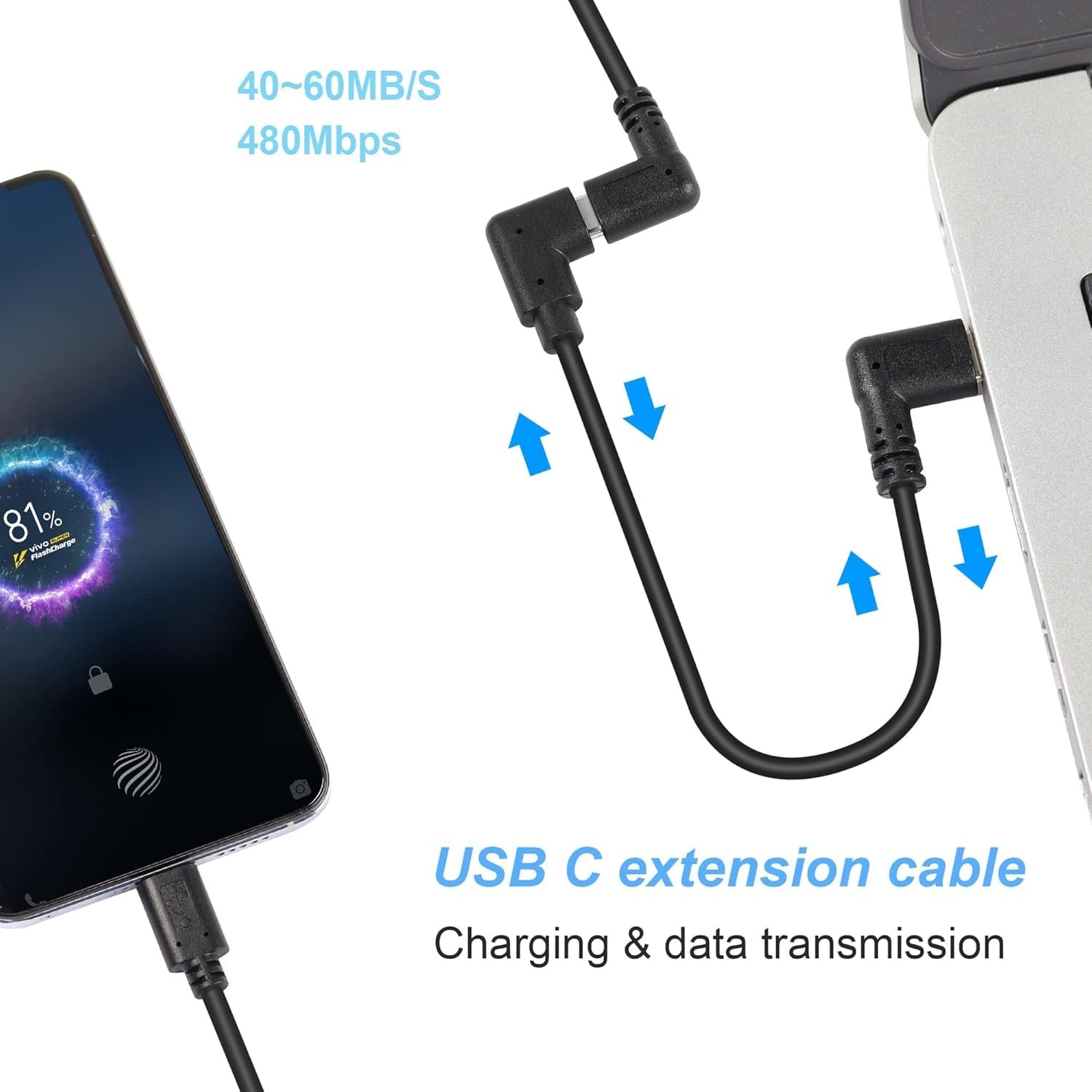 GINTOOYUN USB C Extension Cable, Right Angle Male to Female, 0.3m, Black, Suppor