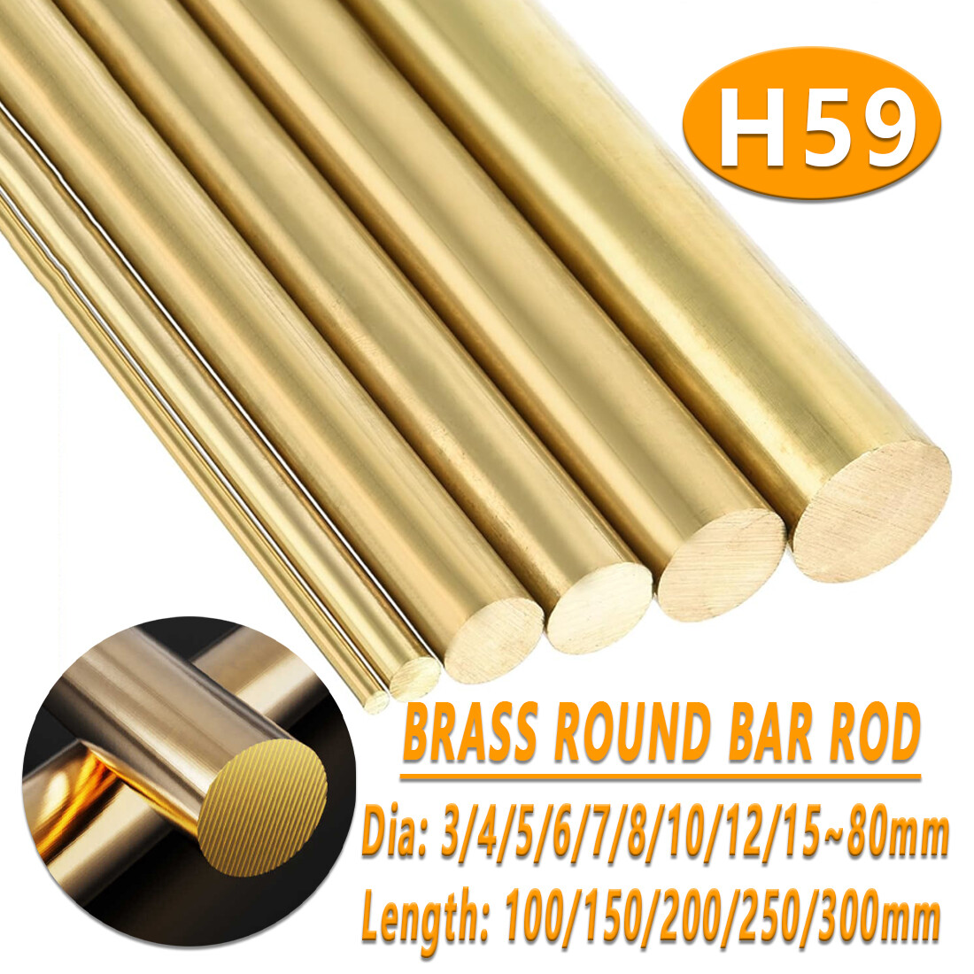 Brass Round Bar Rod Dia 3/5~80mm H59 Solid Bar/Rod Lengths 100/150/200/250/300mm