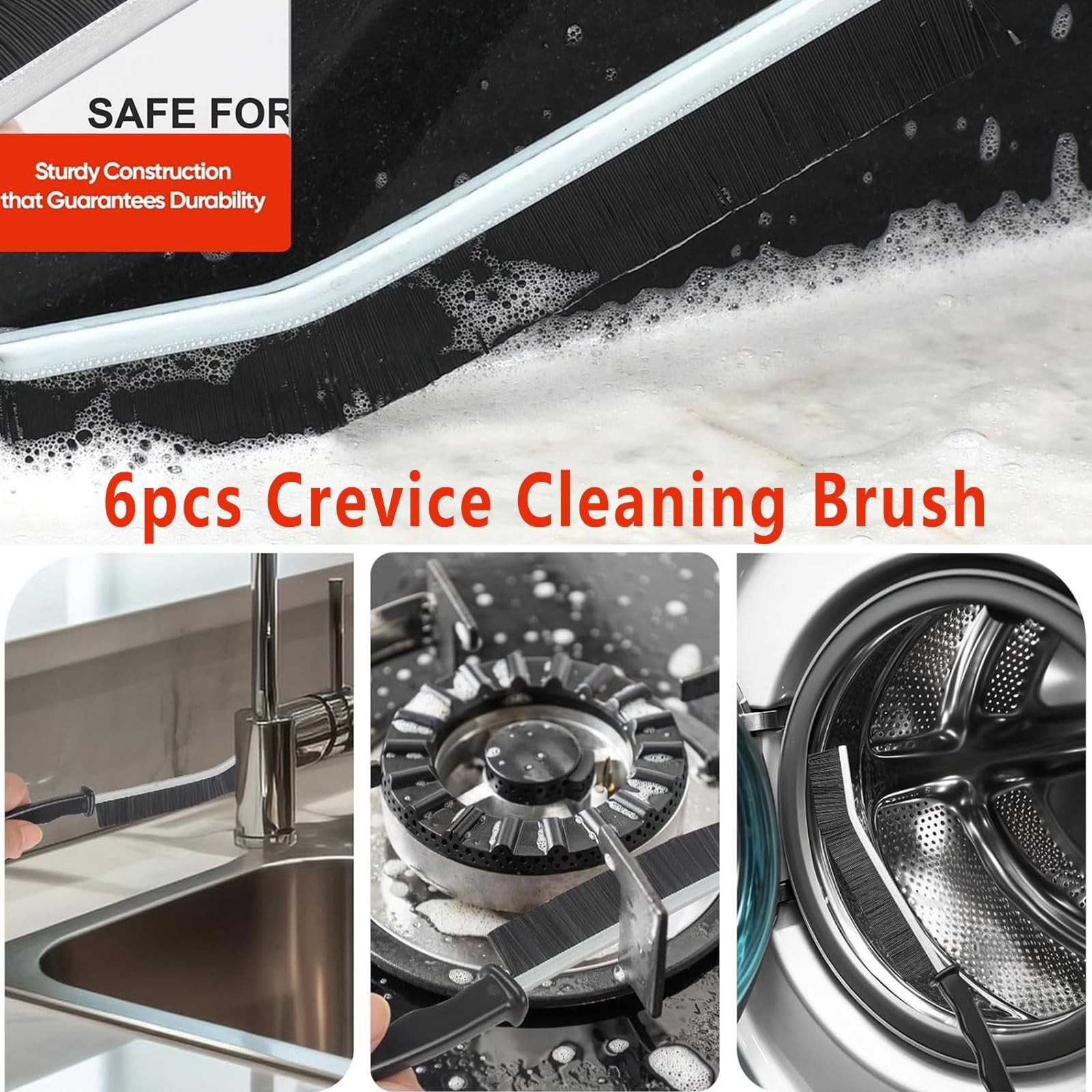 Crevice Cleaning Brush Set, Hard Bristle Gap Tool, Small, Black